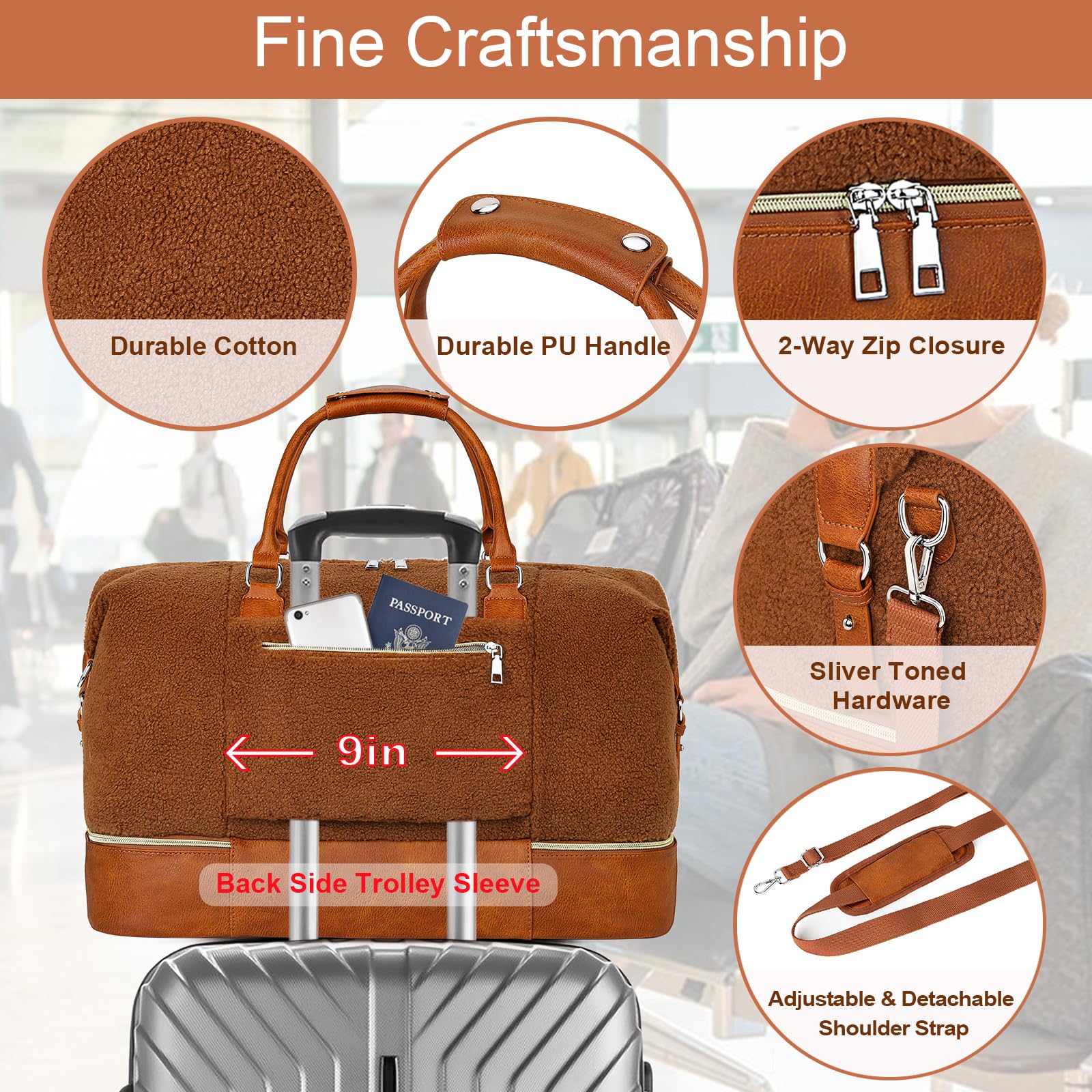 Borsone da viaggio da donna, borsa da viaggio con scomparto per scarpe, grande borsa da viaggio in nylon per il fine settimana, 8a-marrone, L, Moderno e Funzionale