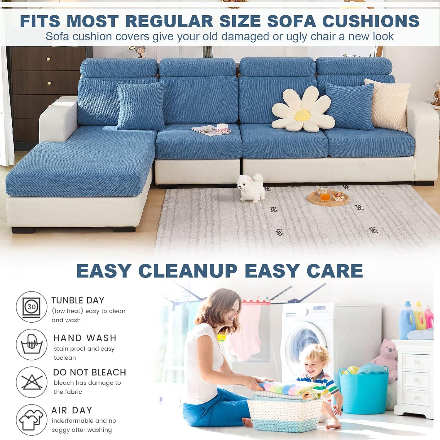 ShowyLive 2025 New Wear-Resistant Universal Sofa Cover, Stretch Couch Cushion Slipcovers Replacement, Anti-Slip L Shape Sofa Covers, Chaise Lounge Sofa Slipcover (Weave Blue,Large Single Seat Cover)