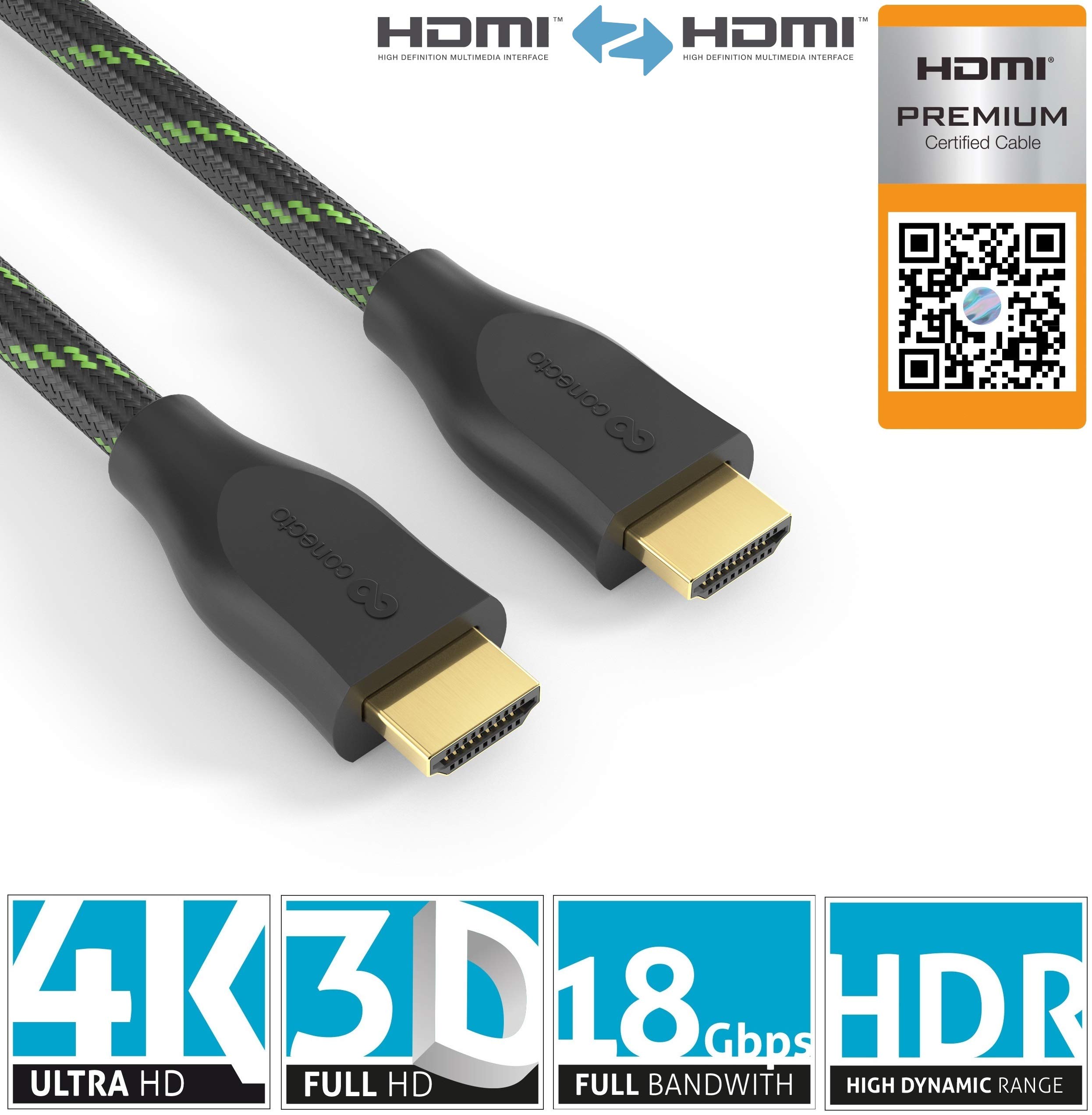 conecto, cavo HDMI High Speed ​​certificato Premium, 4K Ultra HD, doppia schermatura, treccia in nylon, nero/verde, lunghezza: 2,00m