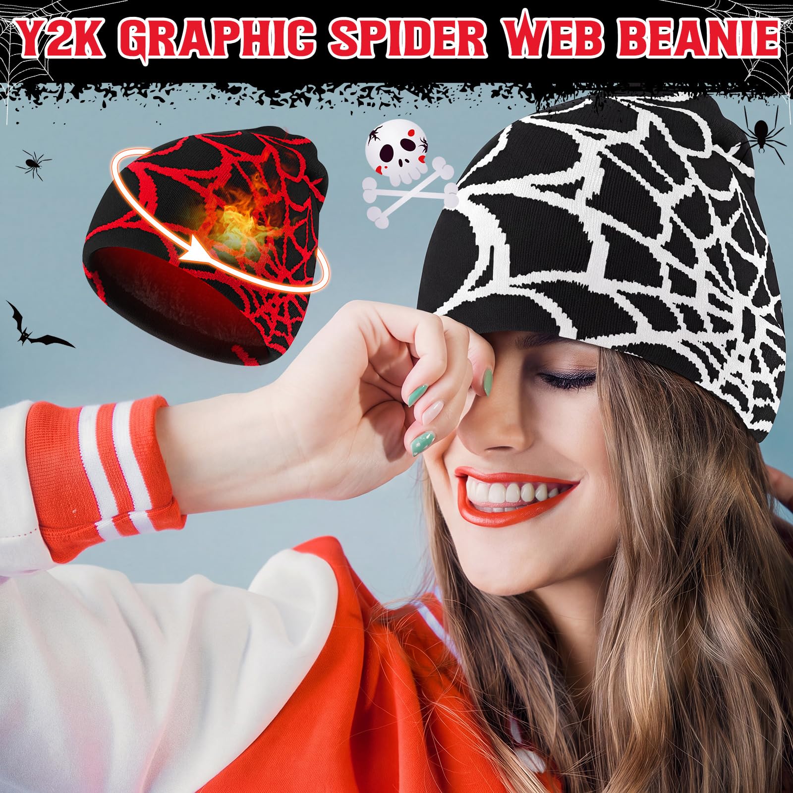 Jeyiour 4 gorros Y2k con patrón de telaraña, gorro gótico de punto acrílico, estilo casual, ropa de calle al aire libre, para hombres y mujeres