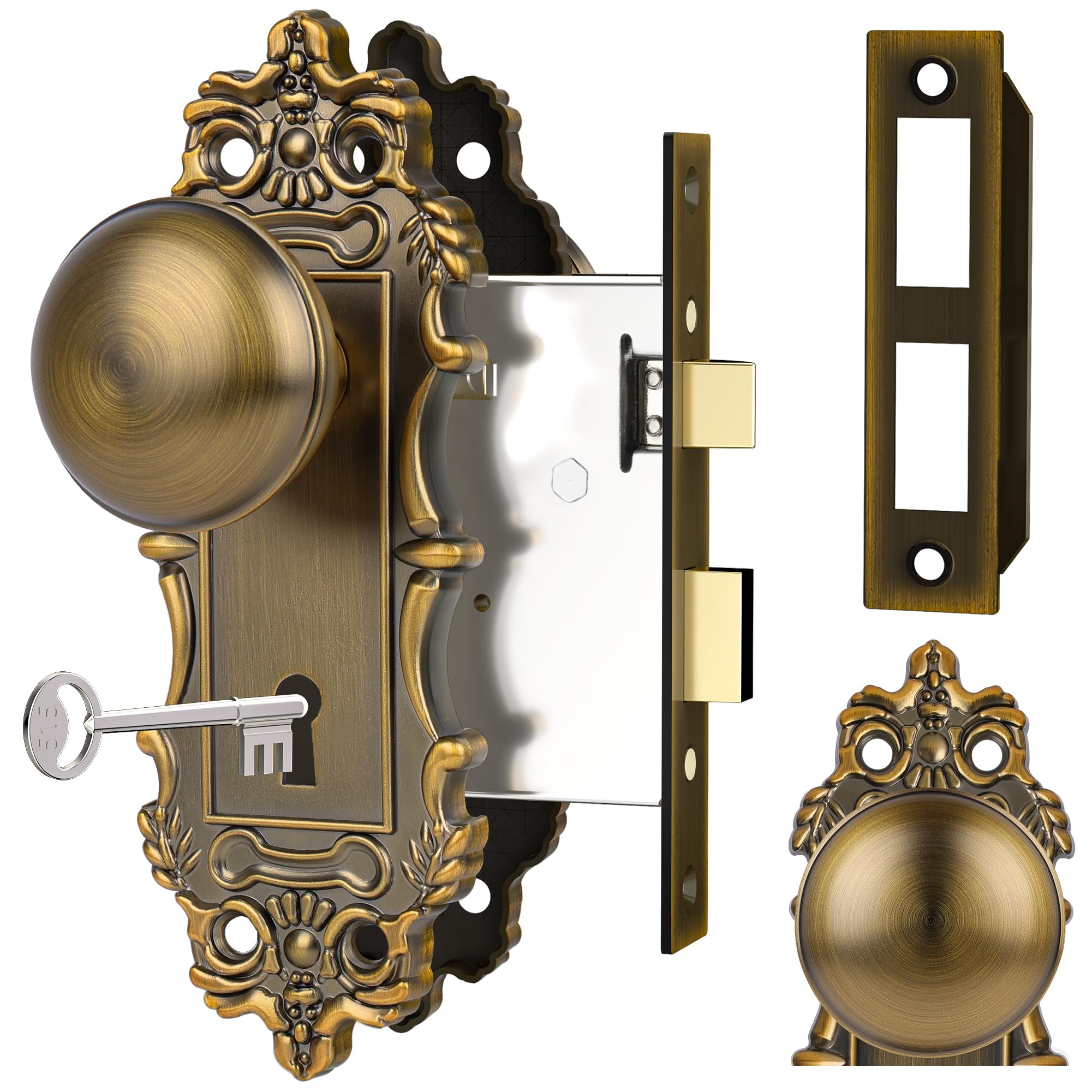 CEYMIO Mortise Lock Door Knobs Interior Brass Door Knob Antique Gold Door Handle Skeleton Key Privacy Vintage Door Locks for Bedrooms Bathroom
