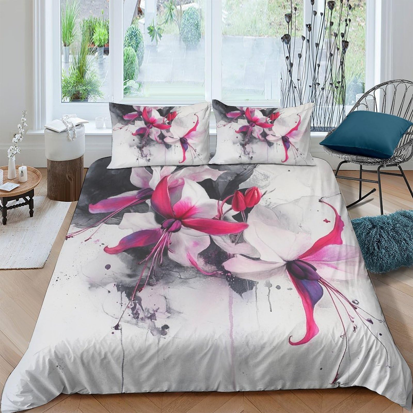 GPLZQXKJNH 3D Printed Pink Blossom Duvet Cover Microfiber Soft Breathable Watercolor Floral Bedding Set with 2 Pillowcases for Bedroom Decor Single（135x200cm）