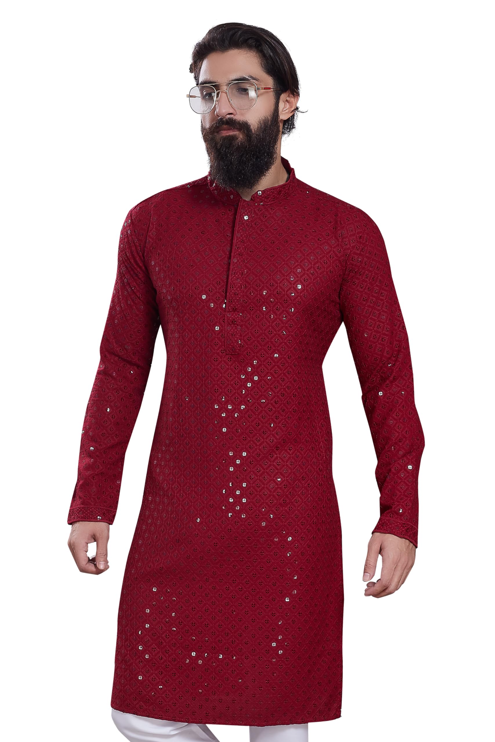 Divisive Men's Sequince Embroidered Cotton Blend Only Slim Fit Kurta (Dkrt227_Xxl_Maroon)