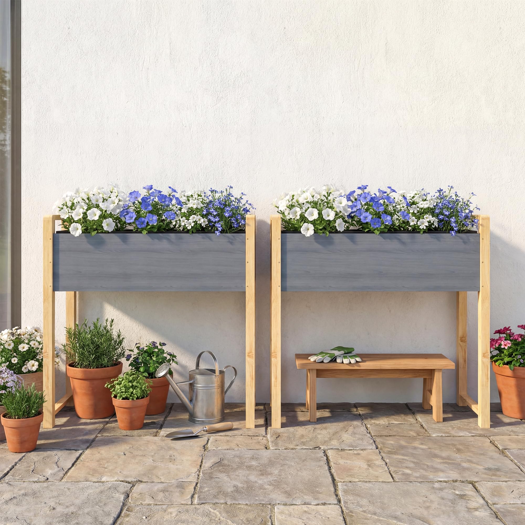 Outsunny Carré Potager avec Pieds en Bois Surélevé 98 x 37 x 90 cm Gris | Jardinière Extérieure, Grande Taille, 4 Trous de Drainage, Tissu Non Tissé, pour Légumes, Fleurs