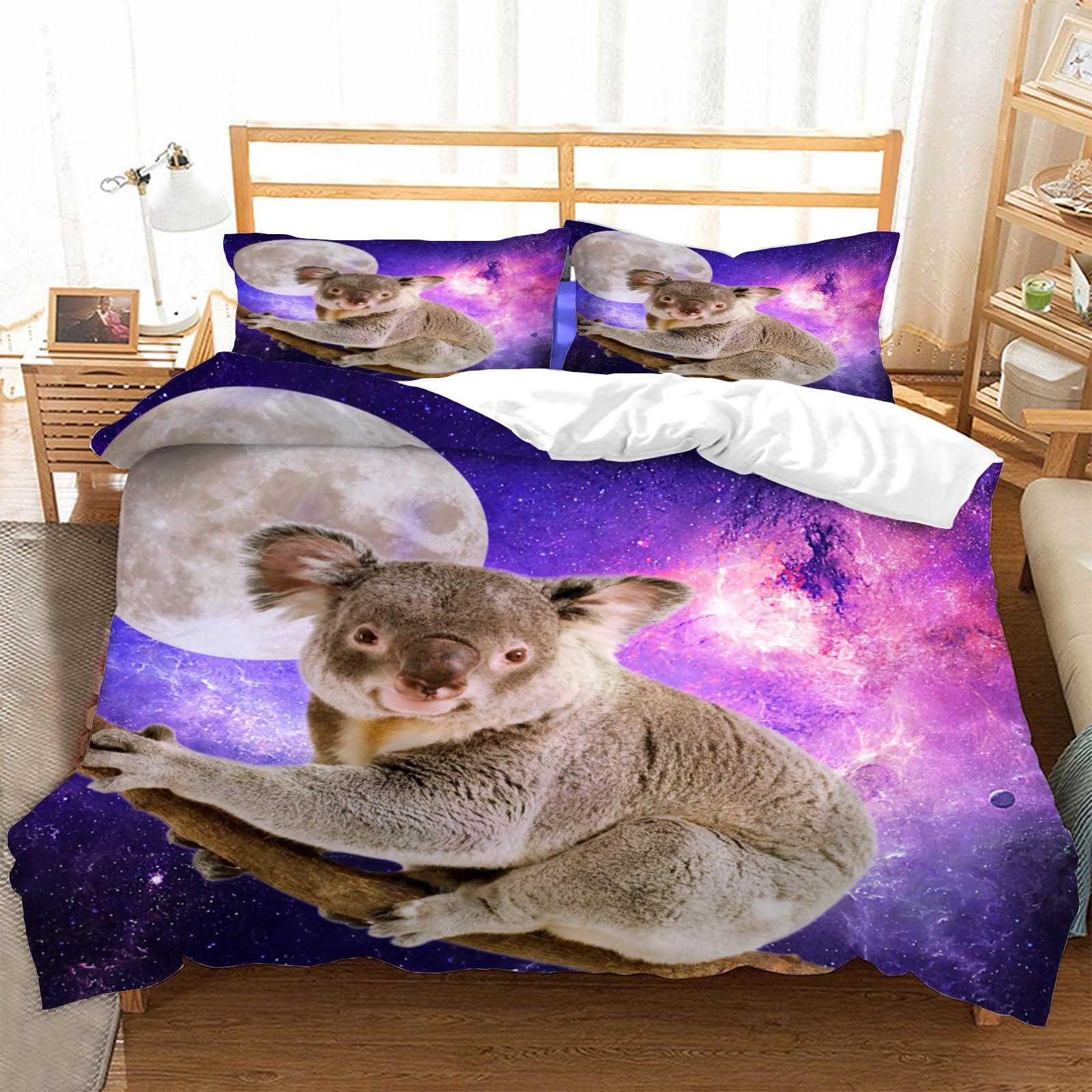 Housse de couette 240x260 koala parure lit microfibre anti-plis avec fermeture éclair