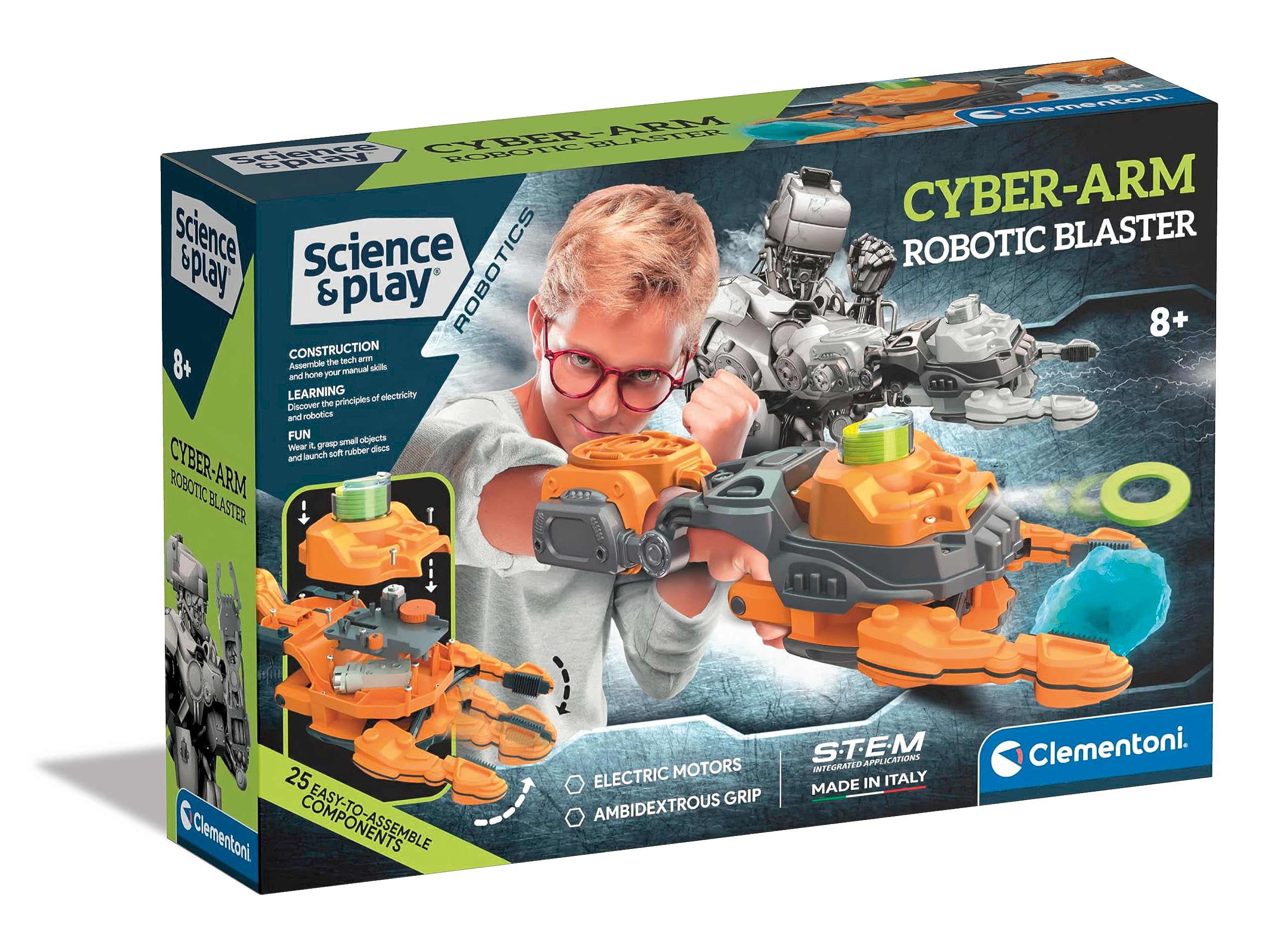 Clementoni- Science & Play Cyber Blaster Arm: Robotic Glove Shoots Discs, Educational Science Kit for Kids (8+ Years)