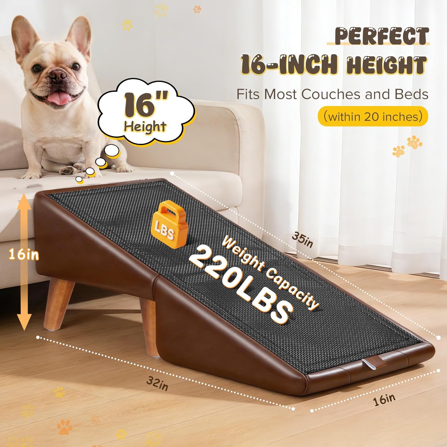 Dog Stairs for Small Dogs 16" H - Upgraded Non-Slip Dog Ramp for Couch, Foldable 2-in-1 Pet Ramp and Ottoman, Pet Stairs for Puppy, Pet Steps with Solid Wood Frame (Brown)