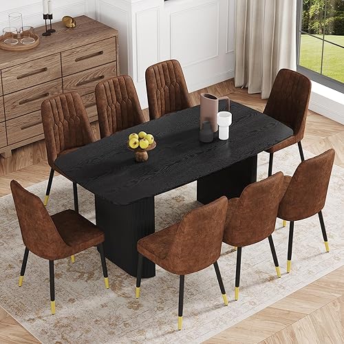 Miniatura 13 de Ebullient Juego de mesa de comedor blanca de 67'' para 6, juego de sillas de mesa de cocina con elegante base de pedestal ondulado, juego moderno
