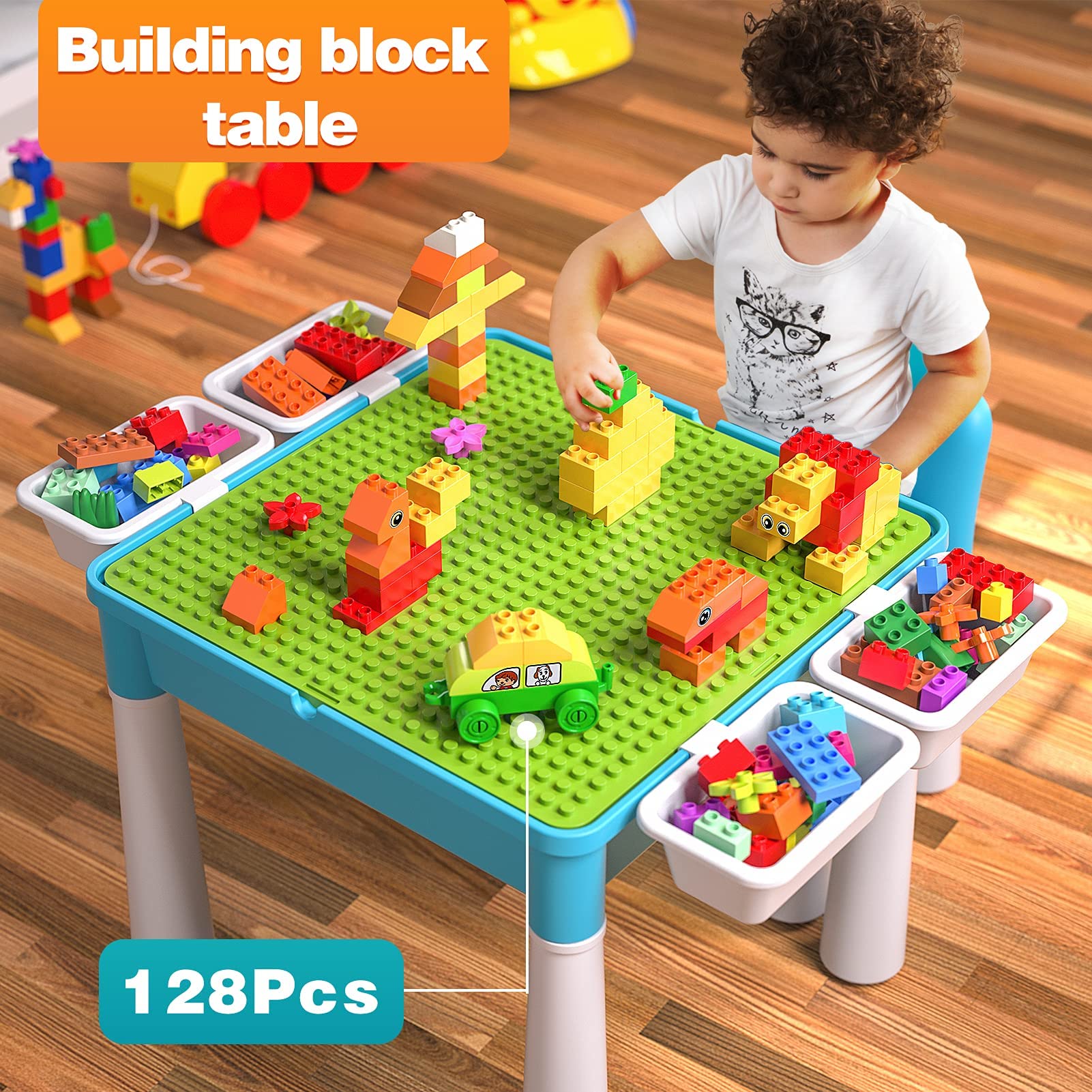 Burgkidz Ensemble de Table 5-en-1 128 Pièces Blocs de Construction Compatibles avec Chaise et Table Rangement Bleu
