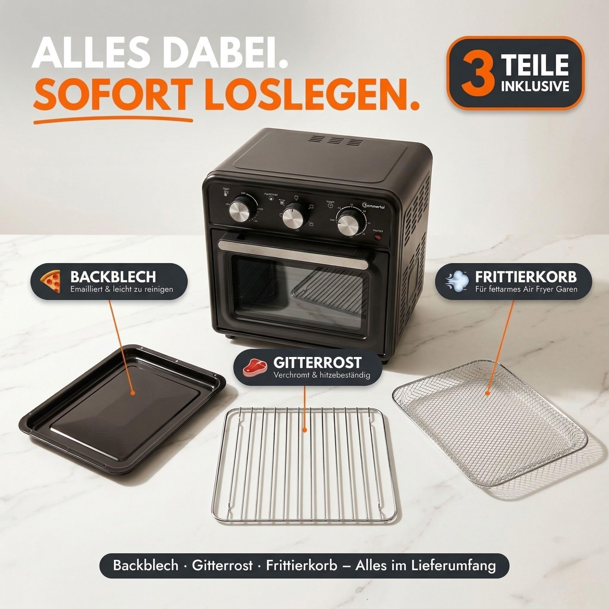 Sommertal Mini forno da 20 litri con convezione e friggitrice ad aria calda, mini forno da 1800 W per cuocere, grigliare e pizza, forno da tavolo piccolo con funzione Airfryer, 100 – 230 °C, timer da