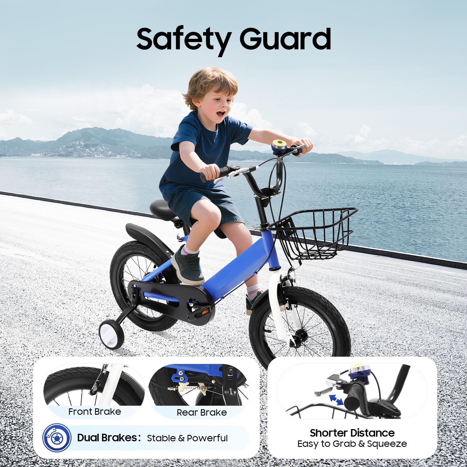 Vélo enfant 14 pouces pour garçons et filles à partir de 3 à 7 ans, vélo amélioré avec roues stabilisatrices et panier, hauteur réglable, pour garçons et filles, bleu