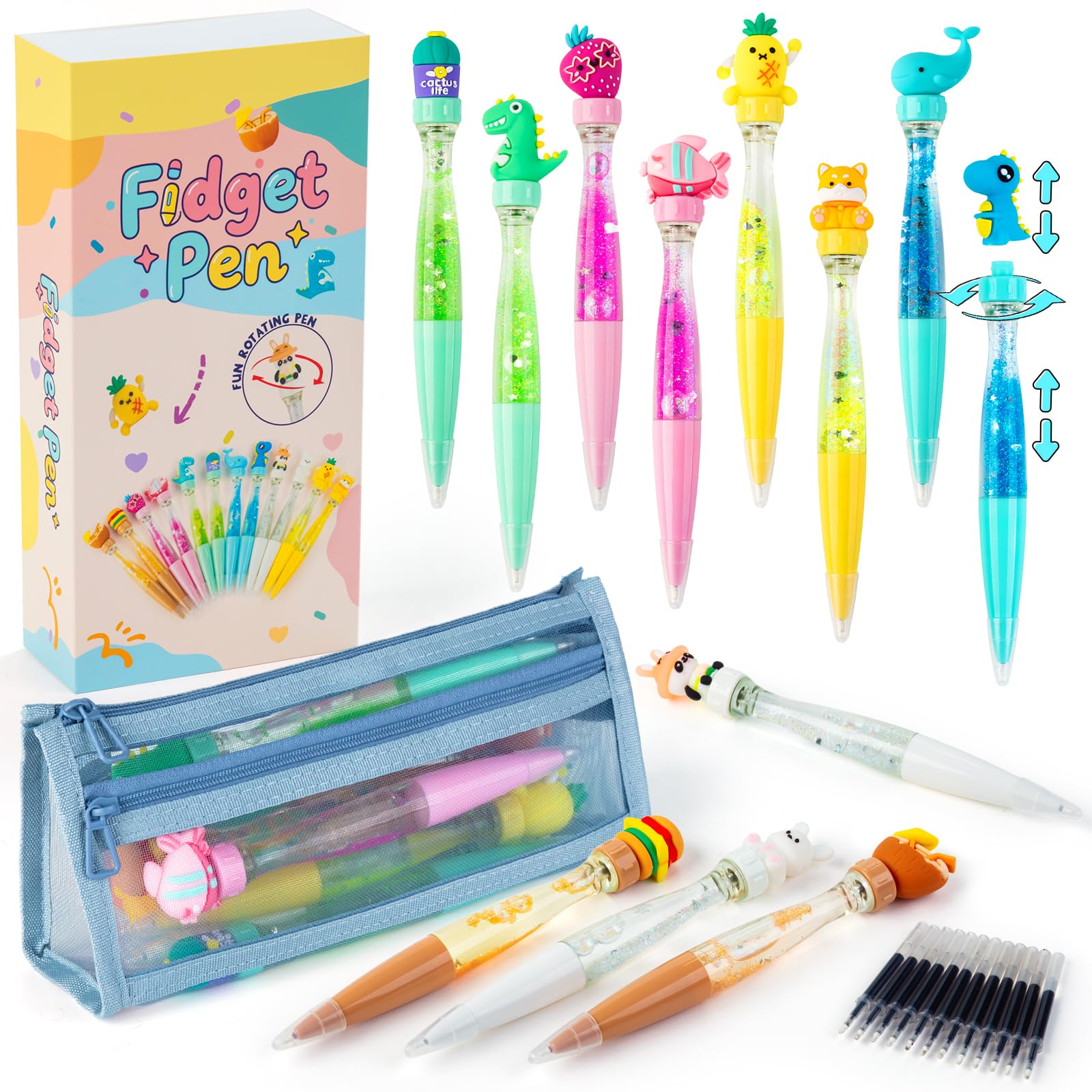 Tigerhu 12 PCS Cute Pens, Fun Cartoon Ballpoint Pens Set with Pencil Case, Birthday Party Bag Fillers for Kids Boy Girl Novelty Fidget Pen Prizes Gifts for Students Classroom Prizes 5 6 7 8 9 Year Old