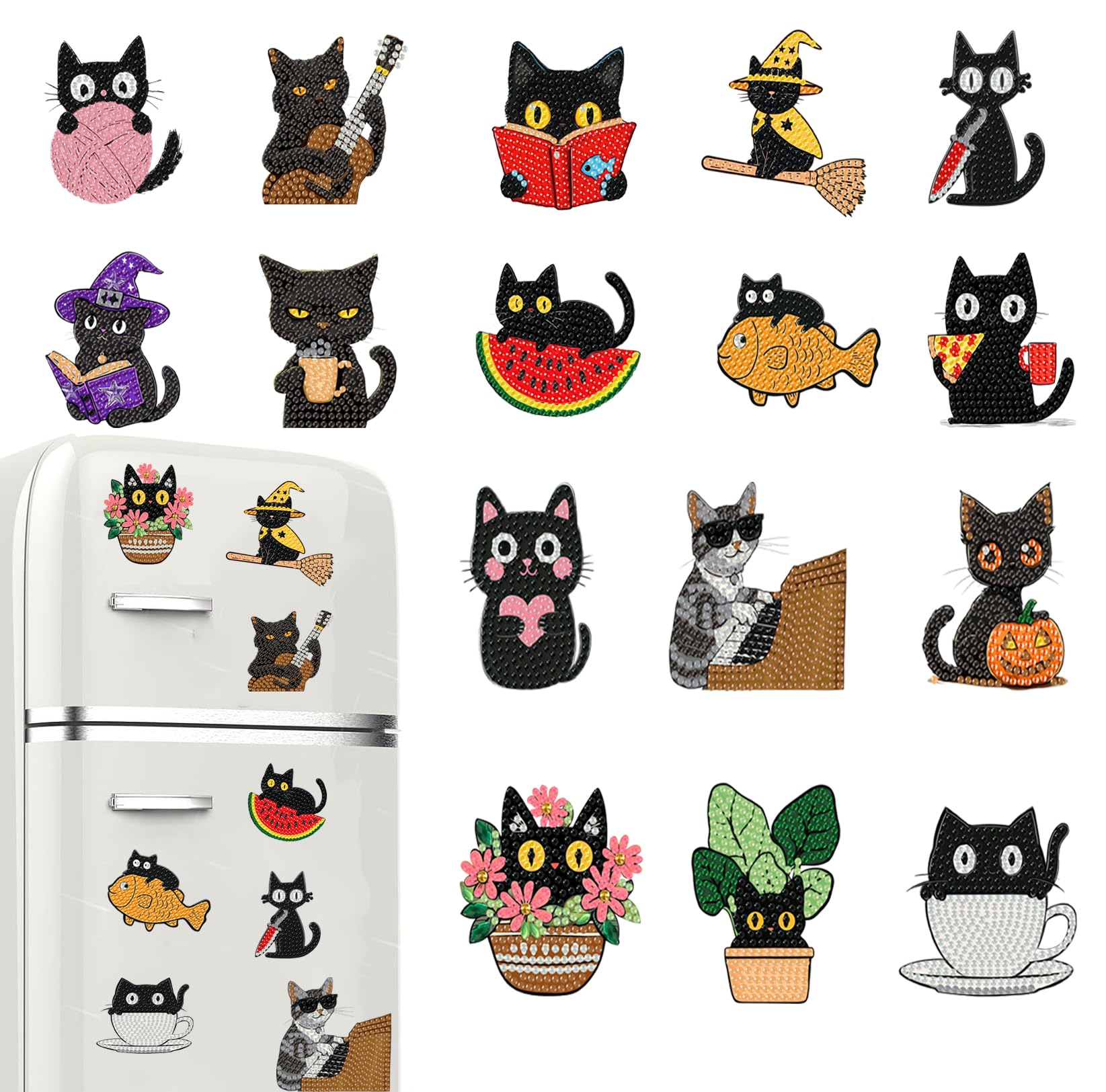16 Pcs Black Cat Diamond Painting Magnets Kits,Cute Diamond Art Fridge Magnet Refrigerator Sticker for Beginners Adults DIY Art Craft Gifts Home
