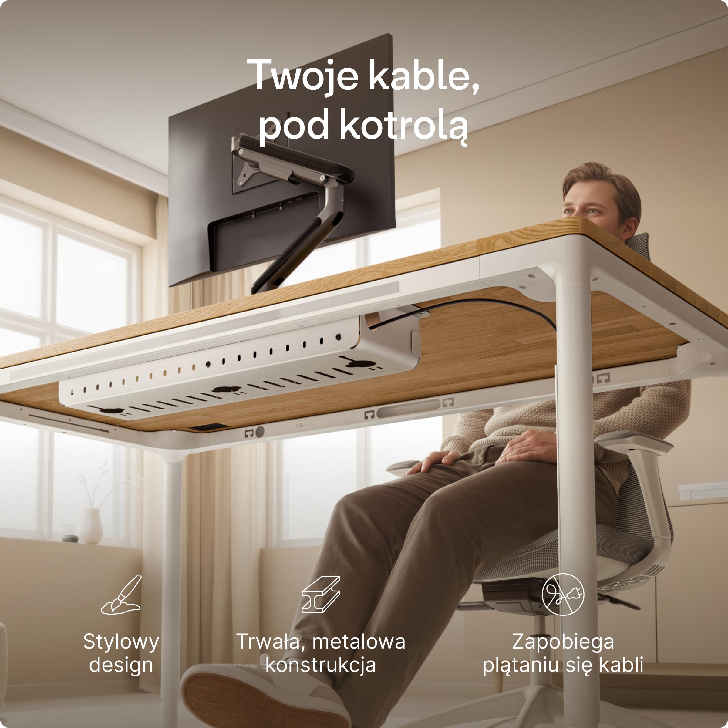 Cable Management Pro – Organizer kabli pod biurko z wbudowaną listwą zasilającą, stalowa tacka na kable z magnetyczną osłoną, wentylowana konstrukcja, łatwy montaż