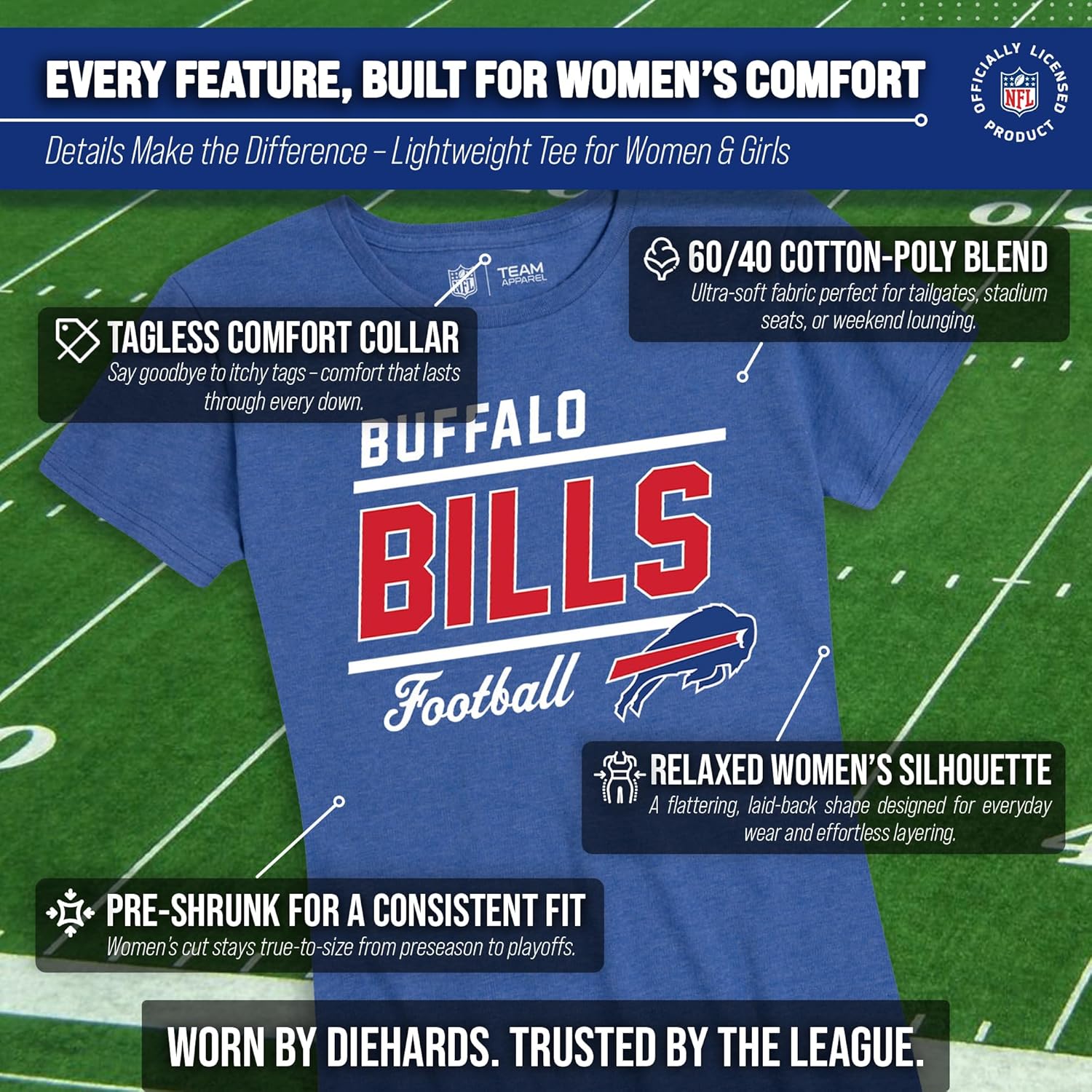 Team Fan Apparel NFL Gameday Women's Relaxed Fit T-Shirt - Rib Neck Contour - Tagless Short Sleeve Tee - Stay Cool & Stylish (Buffalo Bills - Royal, Medium) - Image 3