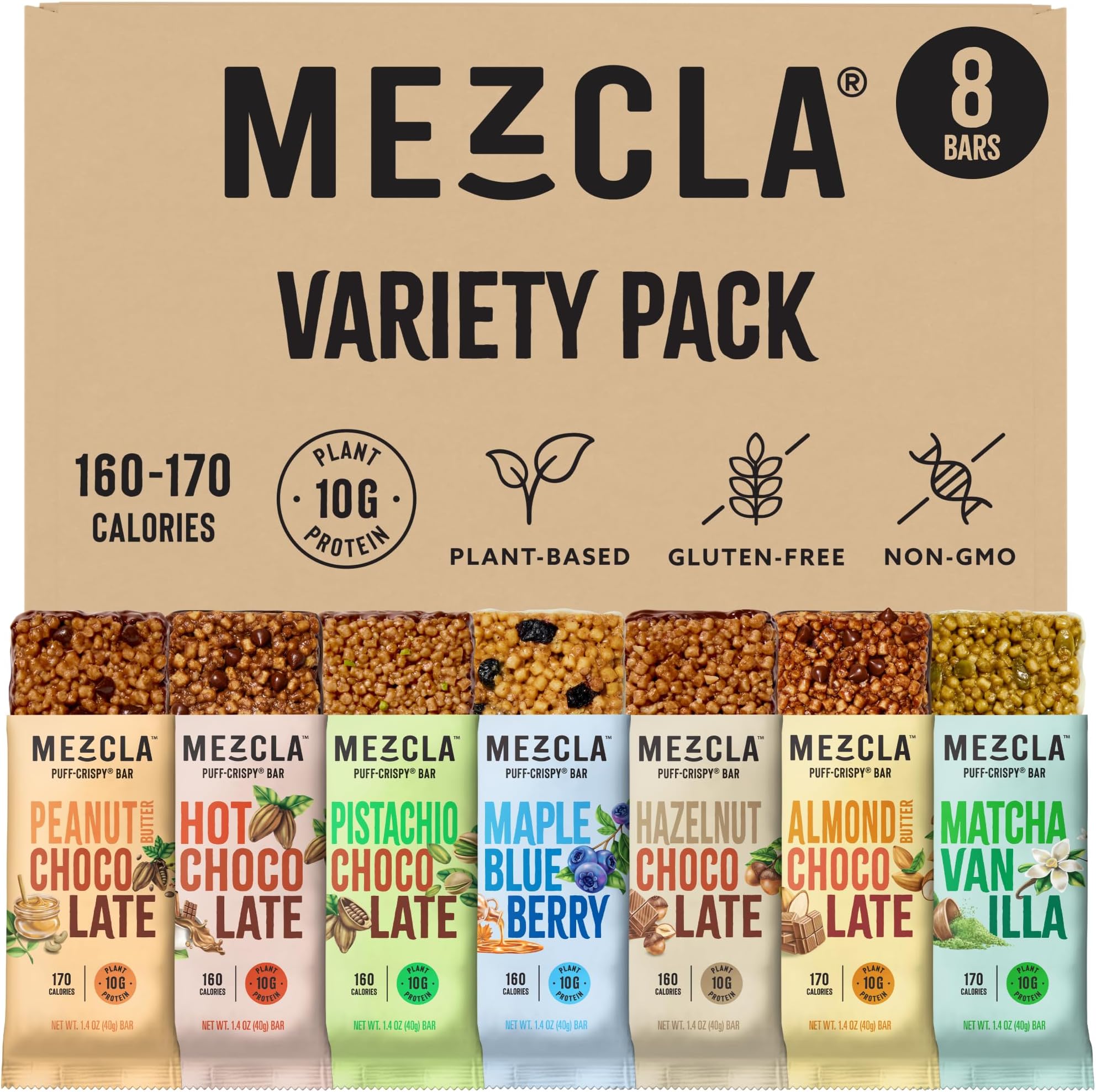 Mezcla Vegan Chocolate High Protein Bars, Gluten Free, Plant Based, Non GMO, No Dairy, 10g Protein, Healthy Snacks, Variety Pack (8 Bars)