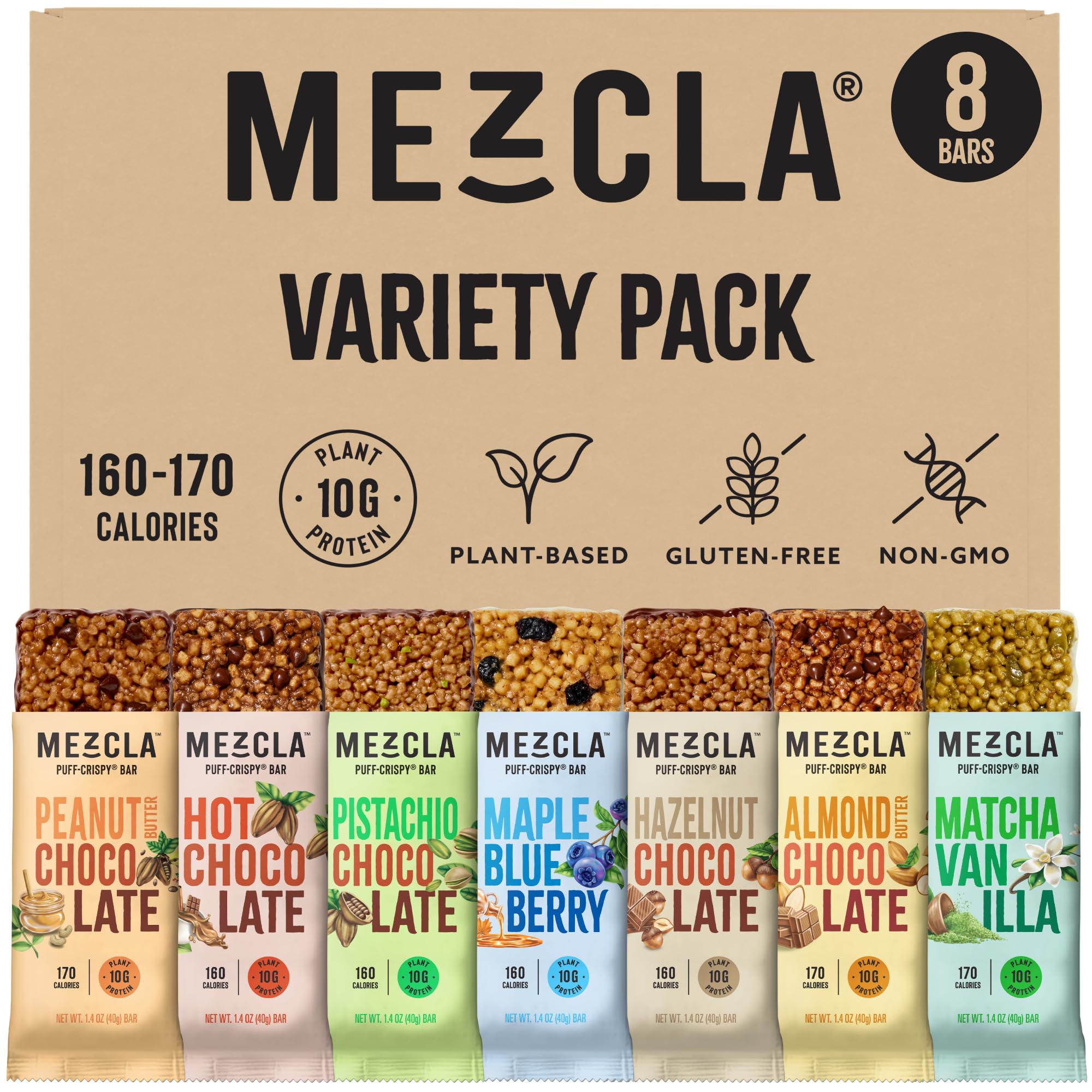 Mezcla Puff-Crispy Plant Based Protein Bars - Variety Pack - Healthy Snacks for Adults & Kids - Granola Bars for School, Travel, & Office Snacks - Gluten Free, Vegan, Non GMO, 10g Protein - 8 Count
