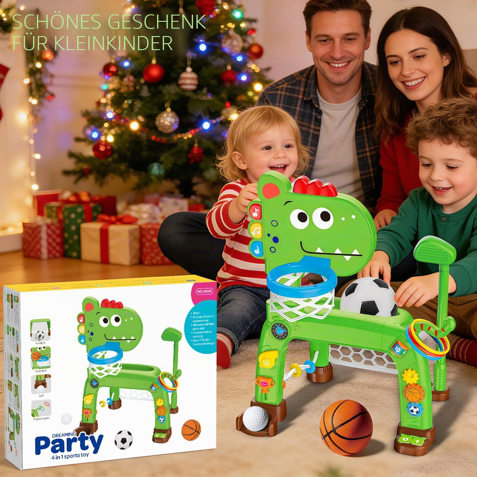 4-in-1 Basketballkorb und Fußballtor Spielzeug für Kleinkinder, Babyspielzeug mit Golfspiel und Ringwurfspiel, Dinosaurier-Spielzeug für 1 2 3 jährige Jungen und Mädchen mit Licht, Sound und Musik