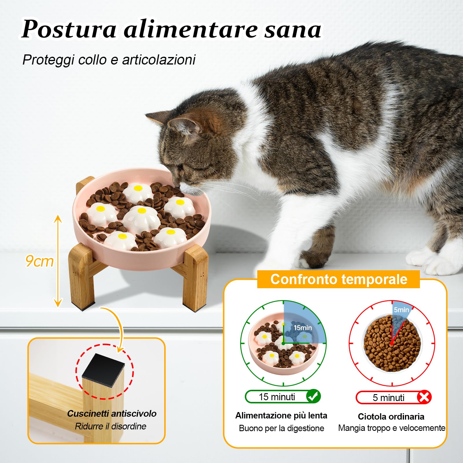 Ciotola Anti-ingozzamento Rialzata per Gatto - Ciotola in ceramica con supporto in bambù antiscivolo - Con motivo a labirinto per alimentazione lenta - Fiori bianchi