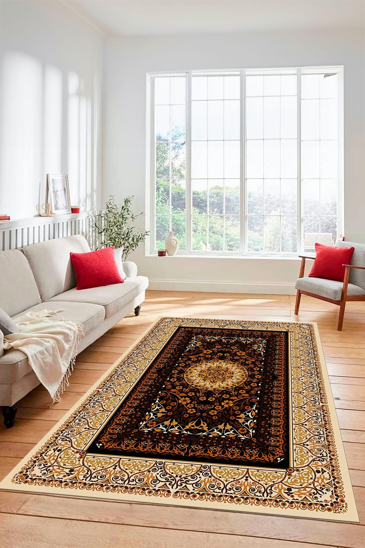 Evdeya Şık Klasik Desen Dijital Kaymaz Taban Yıkanabilir Yolluk Mutfak Salon Halısı KLASİK-14, Kahverengi, 100 x 250