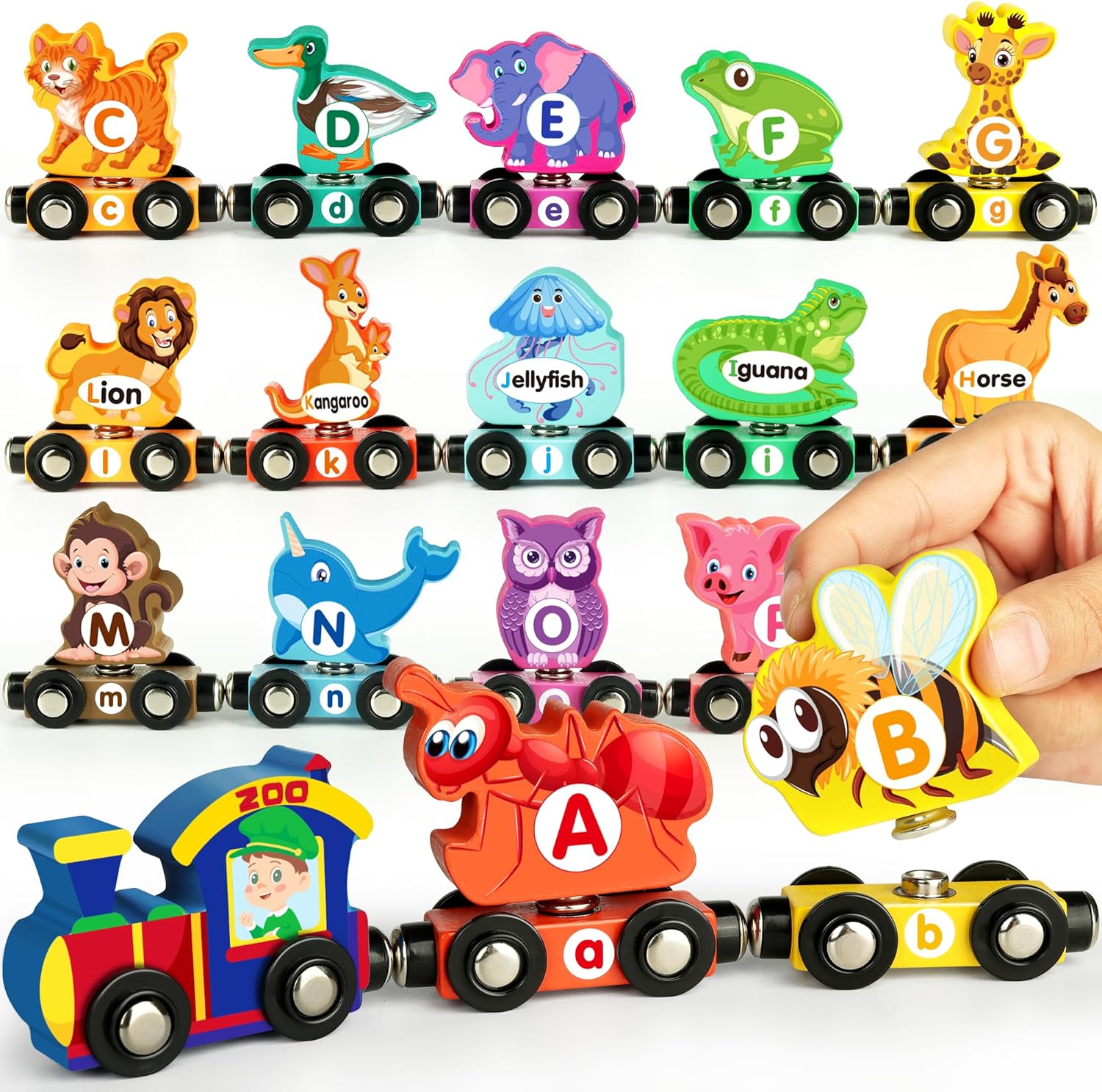 Wooden Alphabet Train Set for Toddlers – Magnetic ABC Train with Snap-Connection, Animal-Themed Educational Preschool Toy for Kids Ages 3-5, Montessori STEM Learning Gift for Boys and Girls