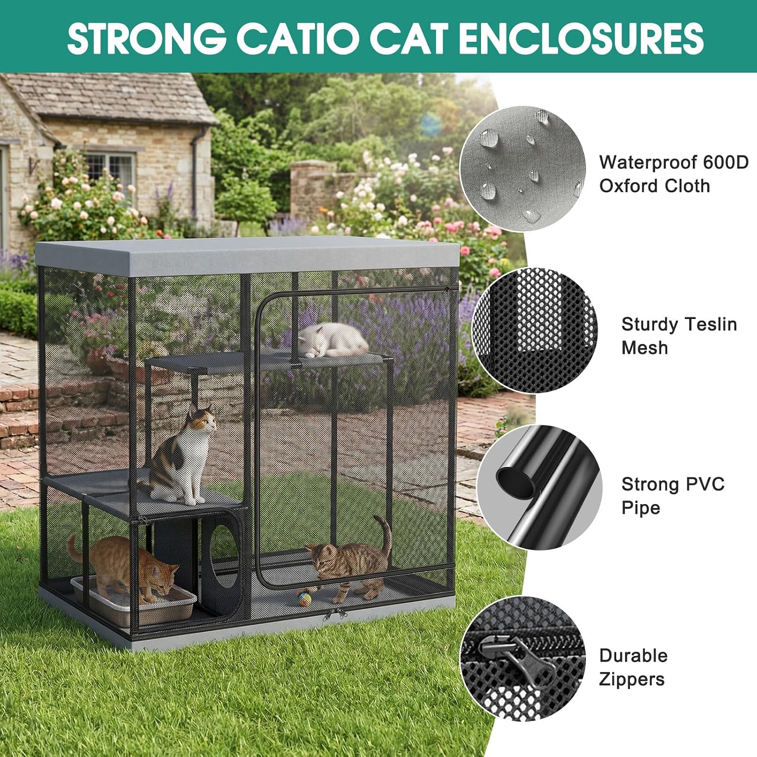 Catio Outdoor Cat Enclosure 50" High Cat Playpen for Multiple Cats, LitaiL 3-Tier Portable Cat House with Mesh Kitten Cats Tent, Outside Cat Cage with Perches for Patio Deck Balcony Large Cat Kennel