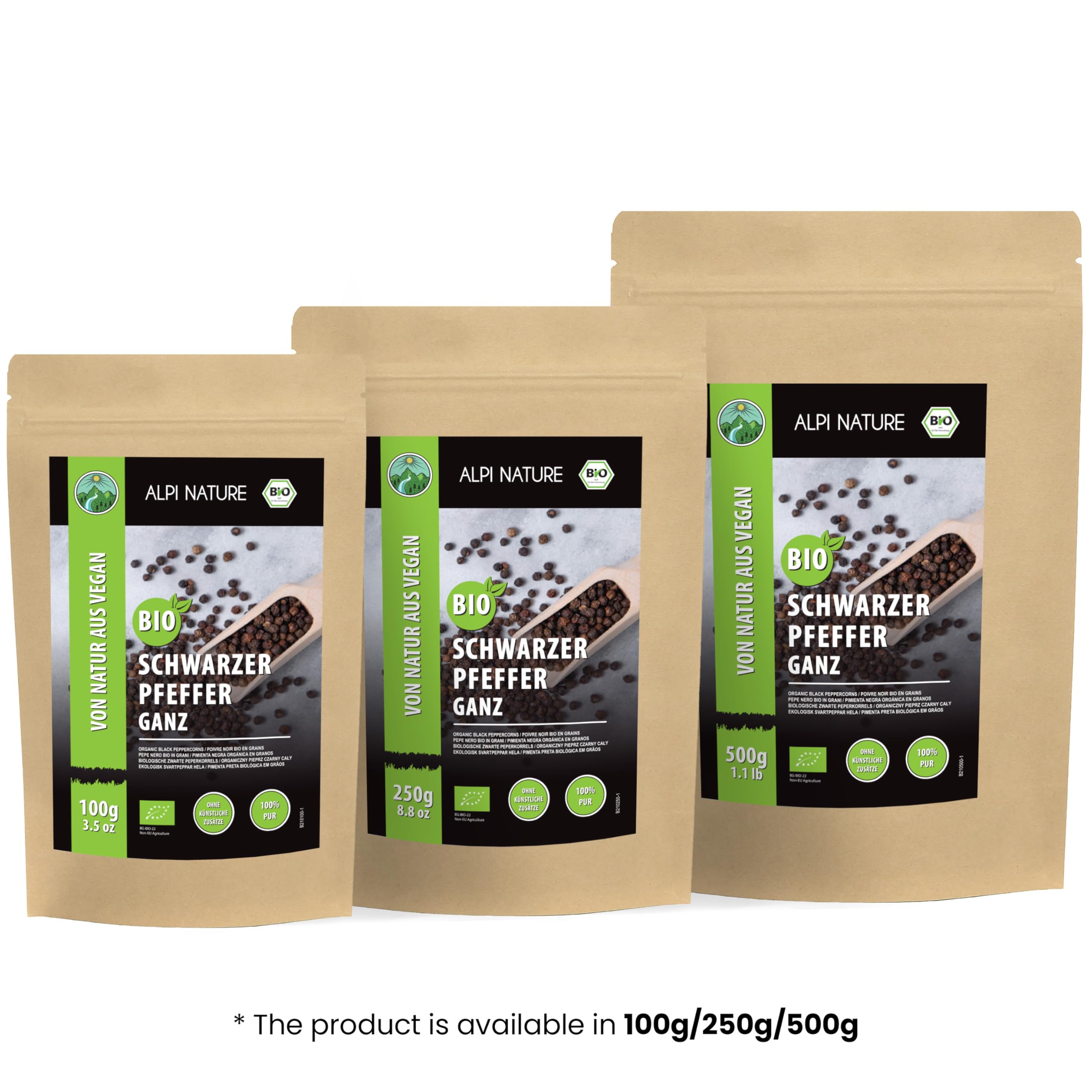 Alpi Nature Pimienta Negra Orgánica en Grano 500g, Granos de Pimienta Negra Enteros para Cocinar