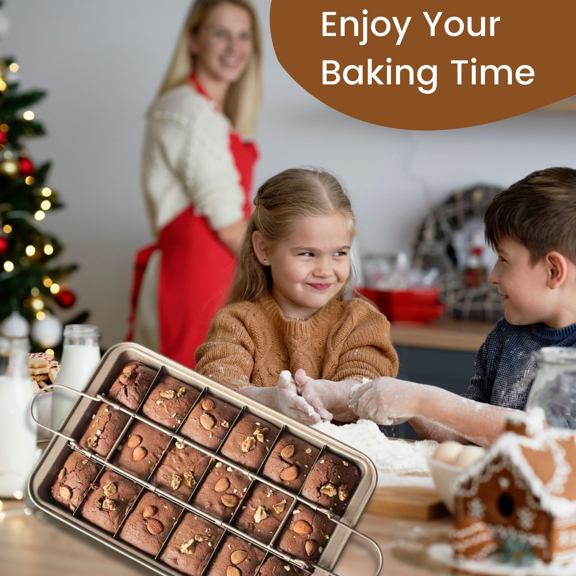 KiNeX Brownie Backform, Antihaftbeschichtete Kuchenform Brownie mit Trennwänden, Antihaftbeschichtete Brownie-Pfanne für Professionelle Scheiben, für 18 Vorgeschnittene Brownies, Karbonstahl, Gold