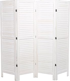 MyGift Whitewashed Wood 4 Panel Room Divider Wall Partition Screen, Folding Louvered Design