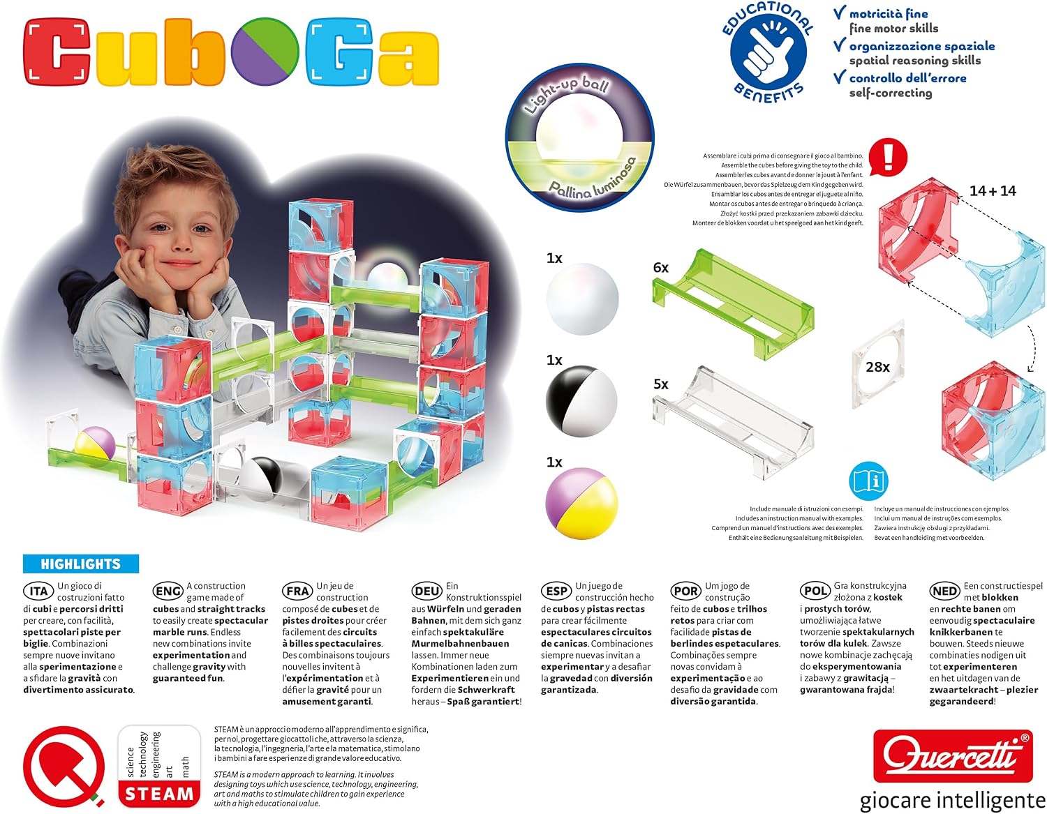 QUERCETTI - Cuboga kbaan galleries – creative Montessori toys for kids 2 gifts for boys aged 3 – educational games made in Italy, multicoloured, 70