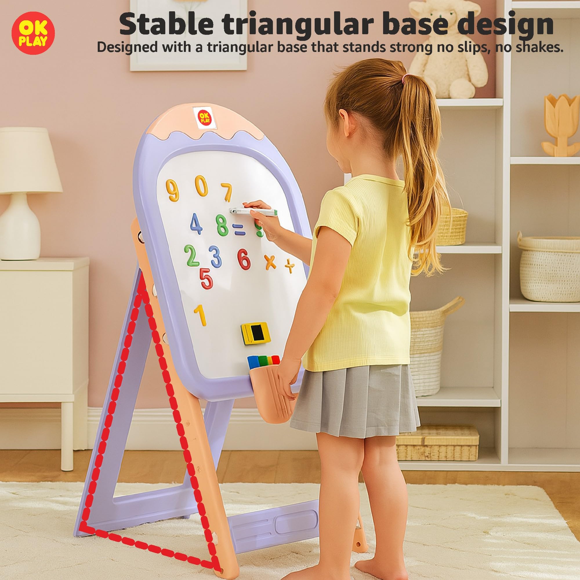 OK PLAY Ice Cream Easel for Kids | Drawing Board | Magnetic Whiteboard with Numbers | Markers | Duster | Storage Box | Adjustable Height | Portable | Fordable | Medium | 2-5 Years | Purple 1