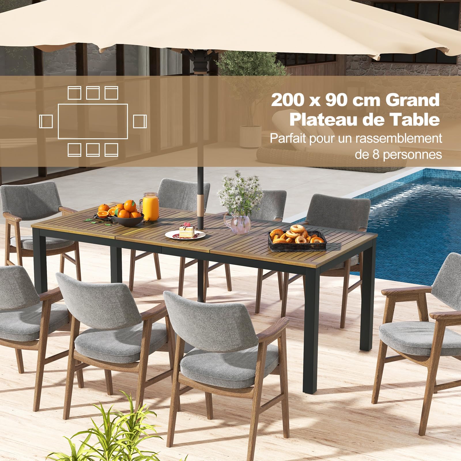 COSTWAY Table de Jardin 200 CM 8 Personnes, Table Exterieur en Bois d’Acacia avec Trou de Parasol, Pieds Métal