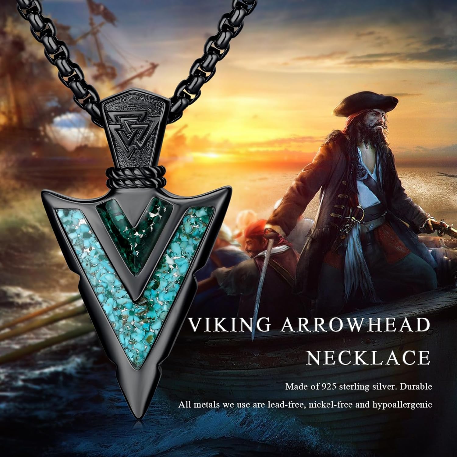 Arrowhead Necklace for Men Women 925 Sterling Silver Turquoise Malachite Celtic/Eye of Horus/Viking Arrow Pendant Amulet Jewelry Gifts Native American Necklace - Image 7