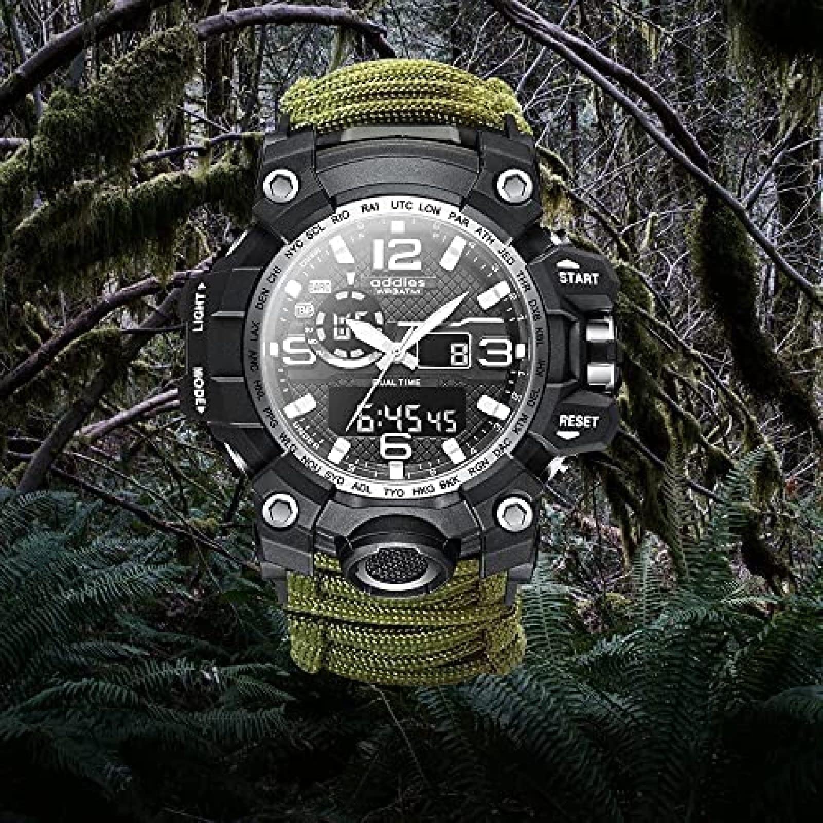 Reloj analógico Militar, Silbato al Aire Libre, brújula Luminosa Impermeable para Hombres, Reloj de Escalada con cordón de Paraguas multifunción, cronómetro por Hora con Pantalla Dual