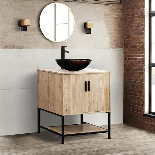 Miniatura 10 de UEV Mueble de baño de roble rústico de 30 pulgadas con fregadero, marco de hierro industrial con puertas y estante, con moderno combo de fregadero