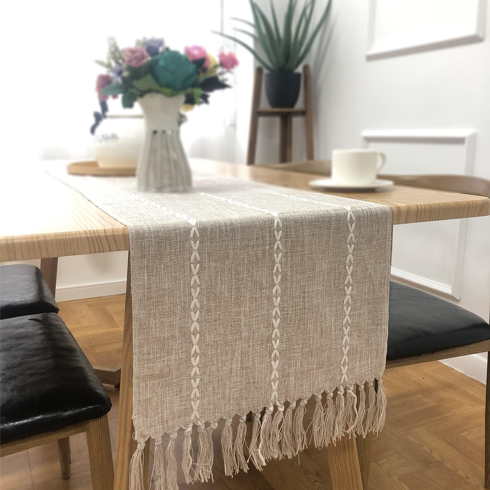 KASTWAVE Braided Farmhouse Table Runner - Cotton Linen Boho Vintage Woven Decorations With Tassel for Dining Party Holiday - Desert Sage 13 x 70''