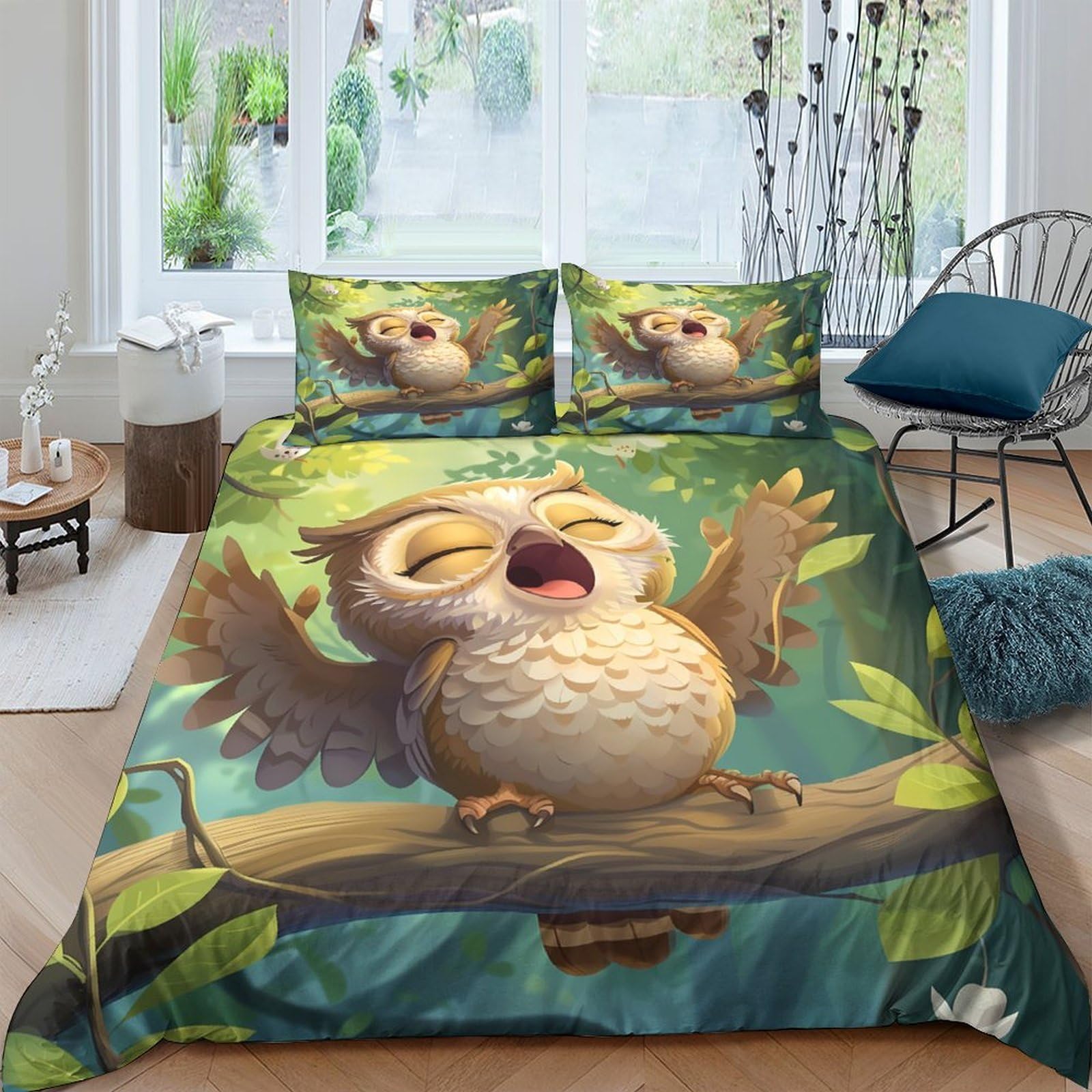 Ctjqhvkz Style-2 3D Printed Singing Owl Fitted Sheet Microfiber Soft Breathable Forest Cartoon Mattress Cover For Bedroom Dorm Decor Single（135X200cm）