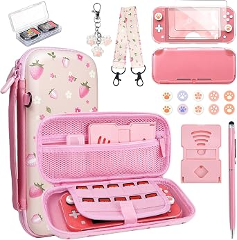 Carrying Case Compatible with Nintendo Switch Lite, Waterproof Portable Travel Bag, 19 in 1 Accessories Bundle with Screen Protector, Thumb Grips, Stand, Clear Protective Cover for Switch Lite, Pink