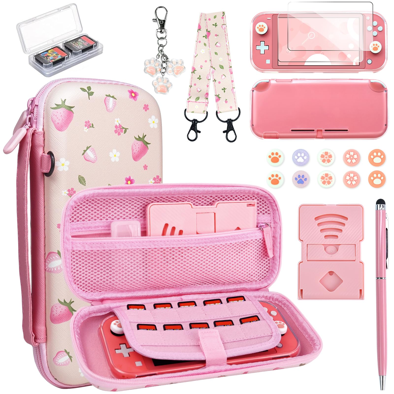 Switch Lite Protective Case 19 in 1 Accessories Bundle with Carrying Case, Switch Lite Carrying Case Travel Game Case with Screen Protector Cover, Humb Grips,Stand,Clear Case for Girls (Berry Pink)