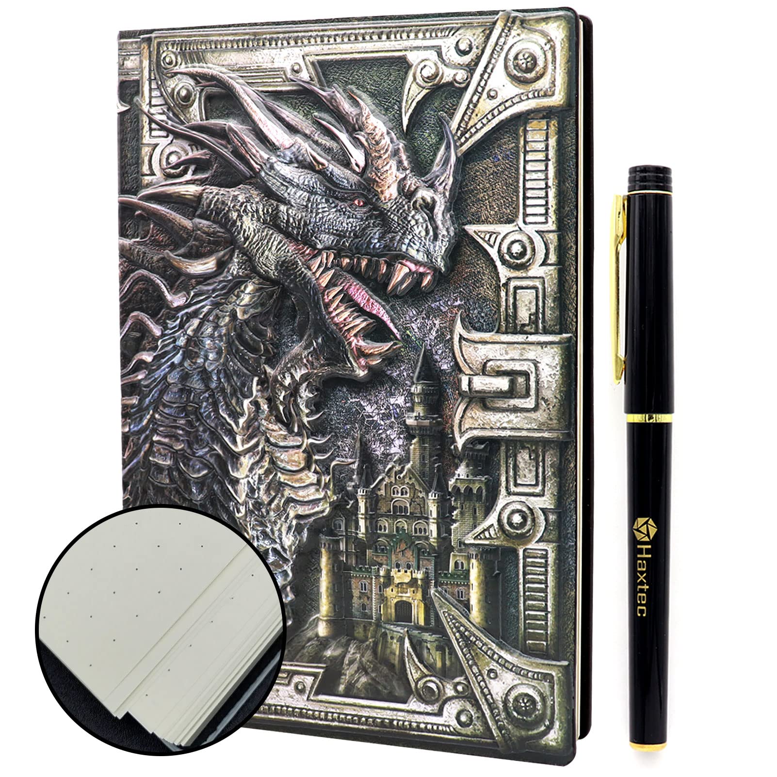 Haxtec DND Notebook Dotte Grid 3D Embossed Dragon Leather Journal W/Pen Fantasy DND Journal for TTRPG Dungeons and Dragons DM & Player Gifts A5