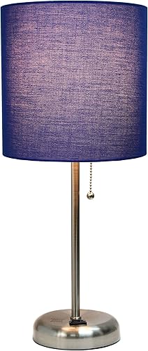 Miniatura 2 de Simple Designs LT2024-NAV-2PK Two Pack Brushed Steel Stick Table Desk Lamp Set with Charging Outlet and Drum Fabric Shade for Living Room, Hallway,