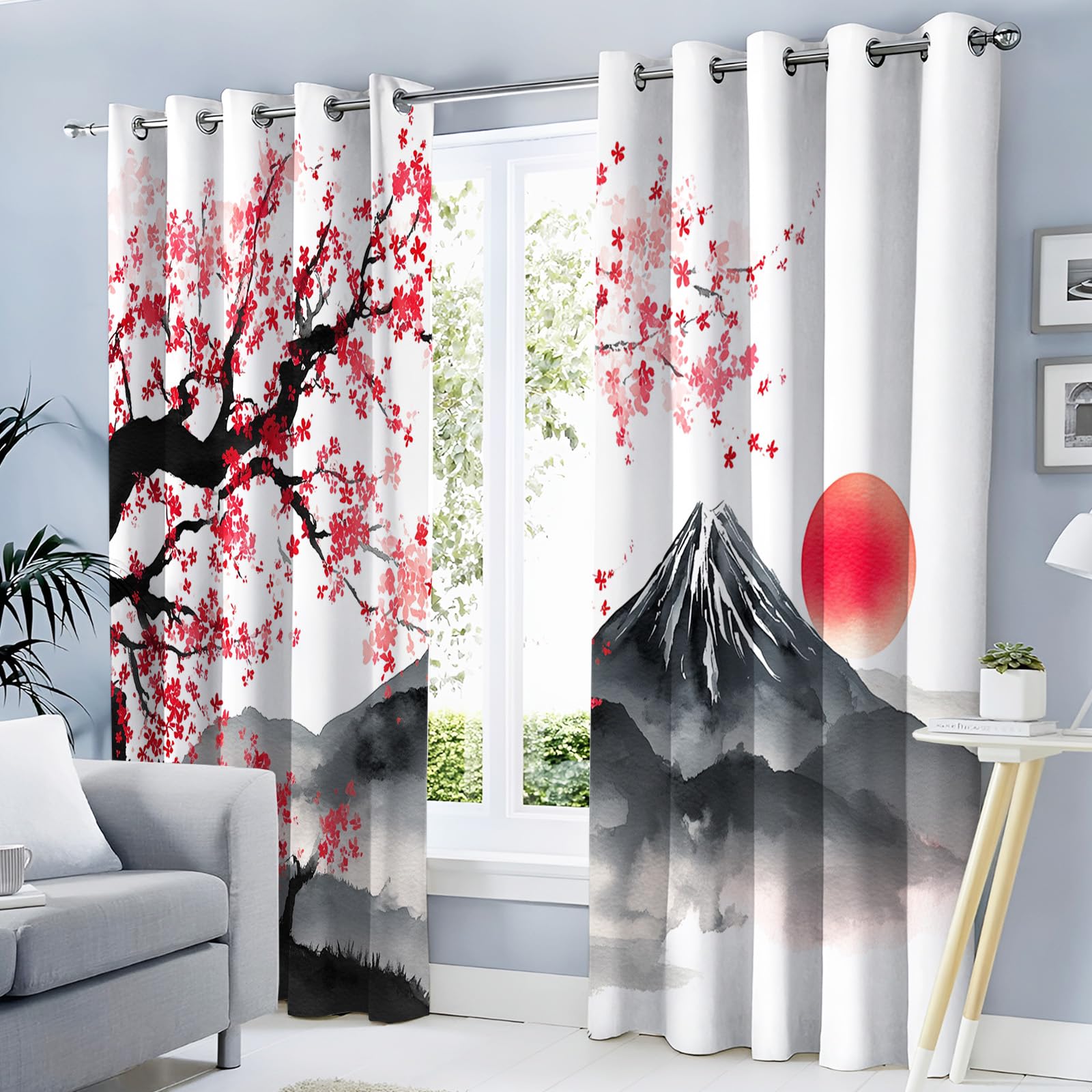 Rideau Occultant Paysage Japonais 140x240cm 2 Panneaux Rideau Thermique Isolant Anti Froid A Oeillets Rideaux Salon Style De Peinture À L'Encre Décoratif Chambre Adult Cuisine