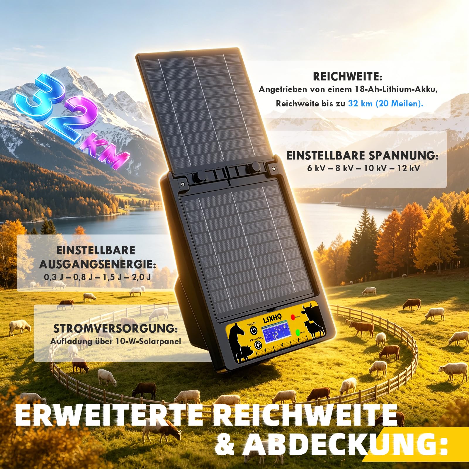 Solar Weidezaungerät für 32 KM Reichweite, 18000mAh Lithiumbatteri, Elektrozaungerät mit 10W-Solarpanel, 0.3-2J, 6KV-12KV Einstellbar, Zuverlässiger Schutz für Geflügel, Vieh und Haustiere (Schwarz)