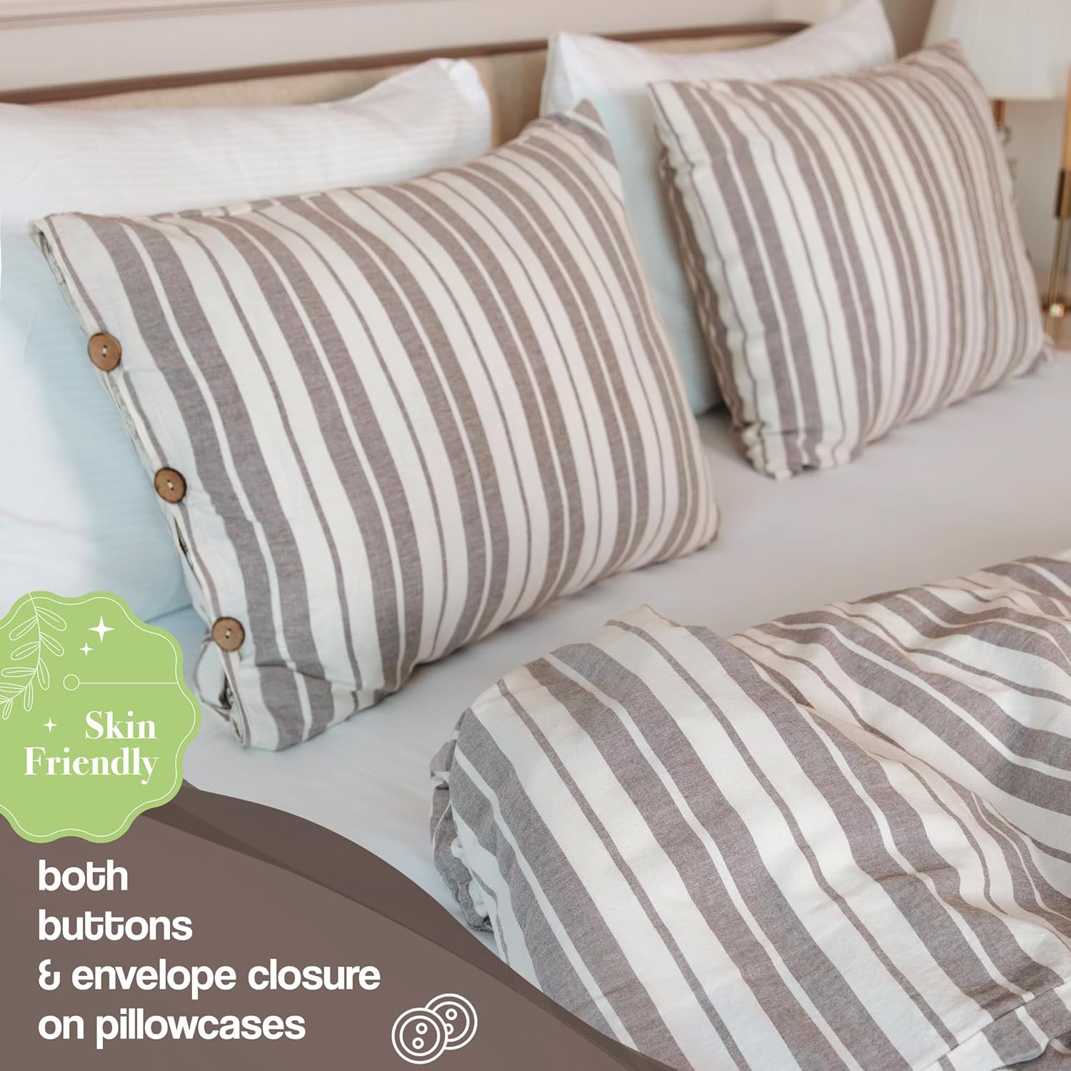 Lavien Home, 100% Natural Cotton Duvet Cover Set King Size, Linen Like Striped, 1 Duvet Cover with 2 Pillowcases, Soft and Easy Care (Milas, King 104"x90") - Image 6