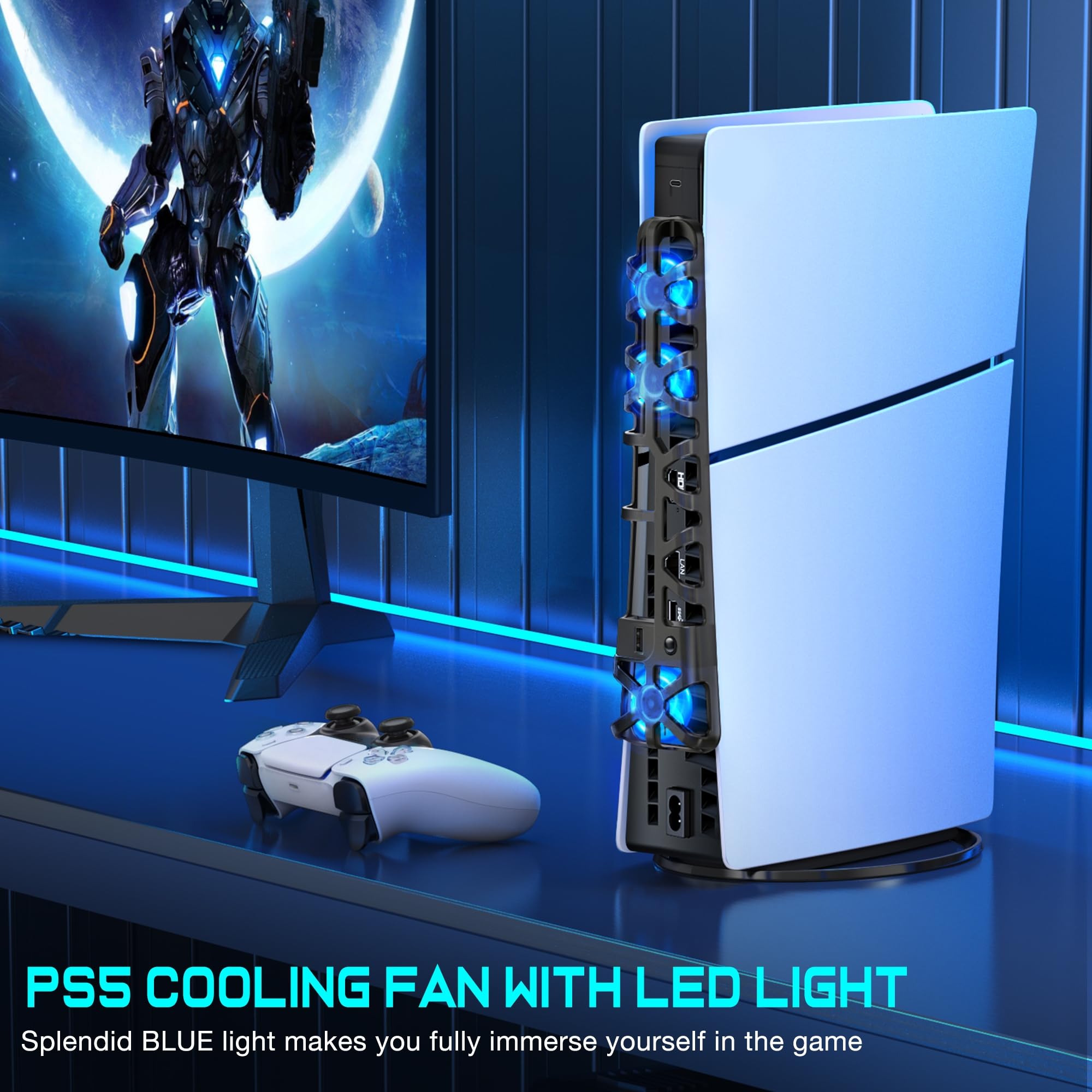 ALEEMTRY PS5 Zubehör, PS5 Lüfter mit 3 Windgeschwindigkeiten, PS5 Lüfter Kühler mit USB-Ladeanschluss/LED-Licht für PS5 Slim Disc und Digital Edition Konsole