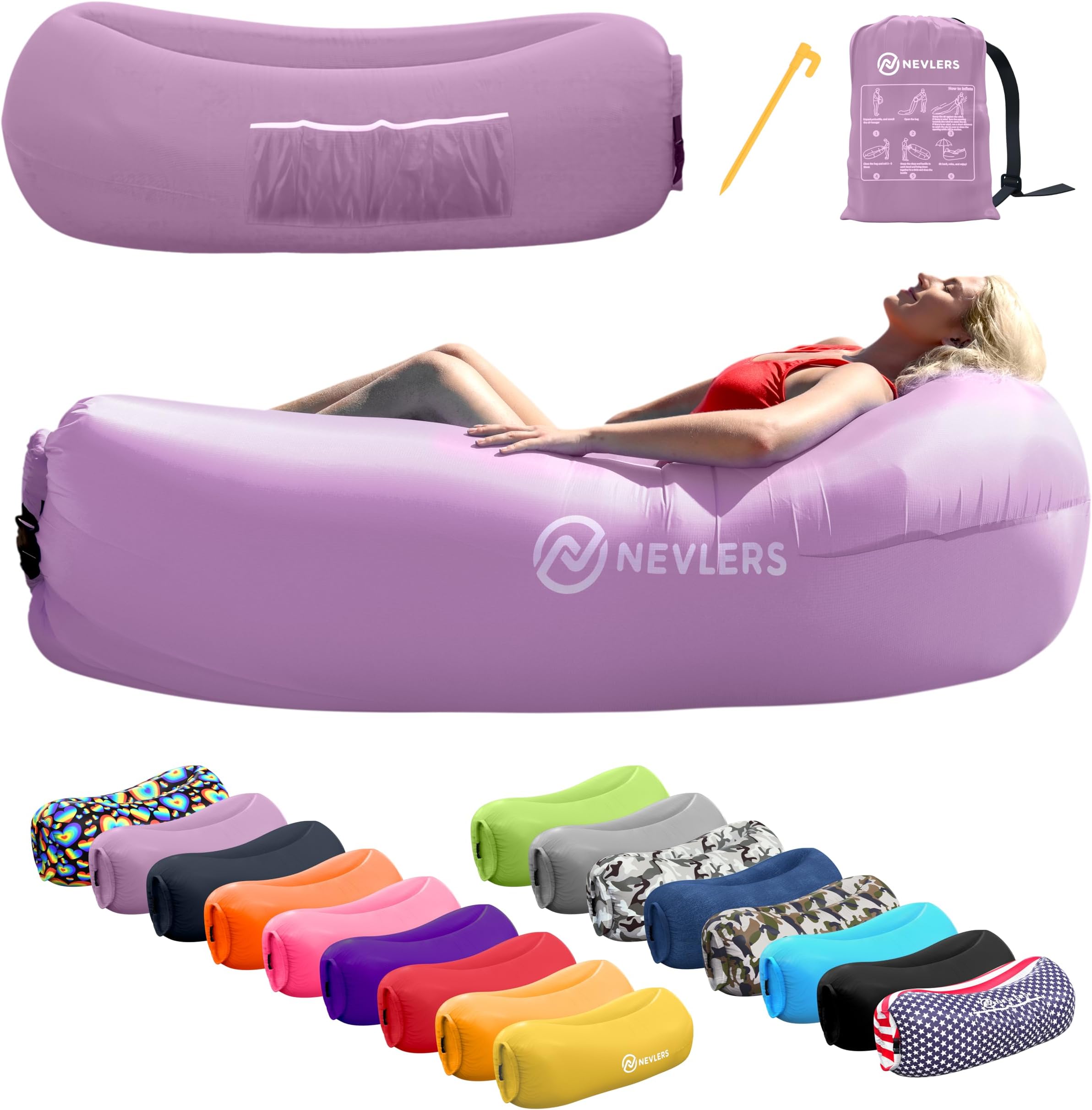 Nevlers Lavender Inflatable Lounger | 210T Polyester Air Sofa | No-Pump Blow Up Couch | Inflatable Lounge Chair w/ 450lbs. Cap., Pockets & Matching Bag | Use as Inflatable Couch for Camping & More