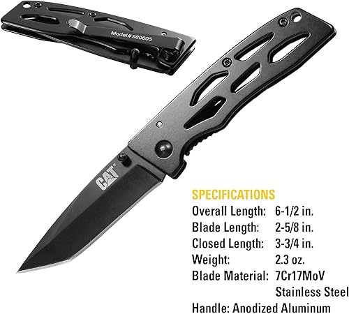 Miniatura 3 de Cat Cuchillo plegable Tanto de 6-1/2 pulgadas con hoja de acero inoxidable 7Cr17MoV, mango de aluminio anodizado negro, pernos dobles para el pulgar