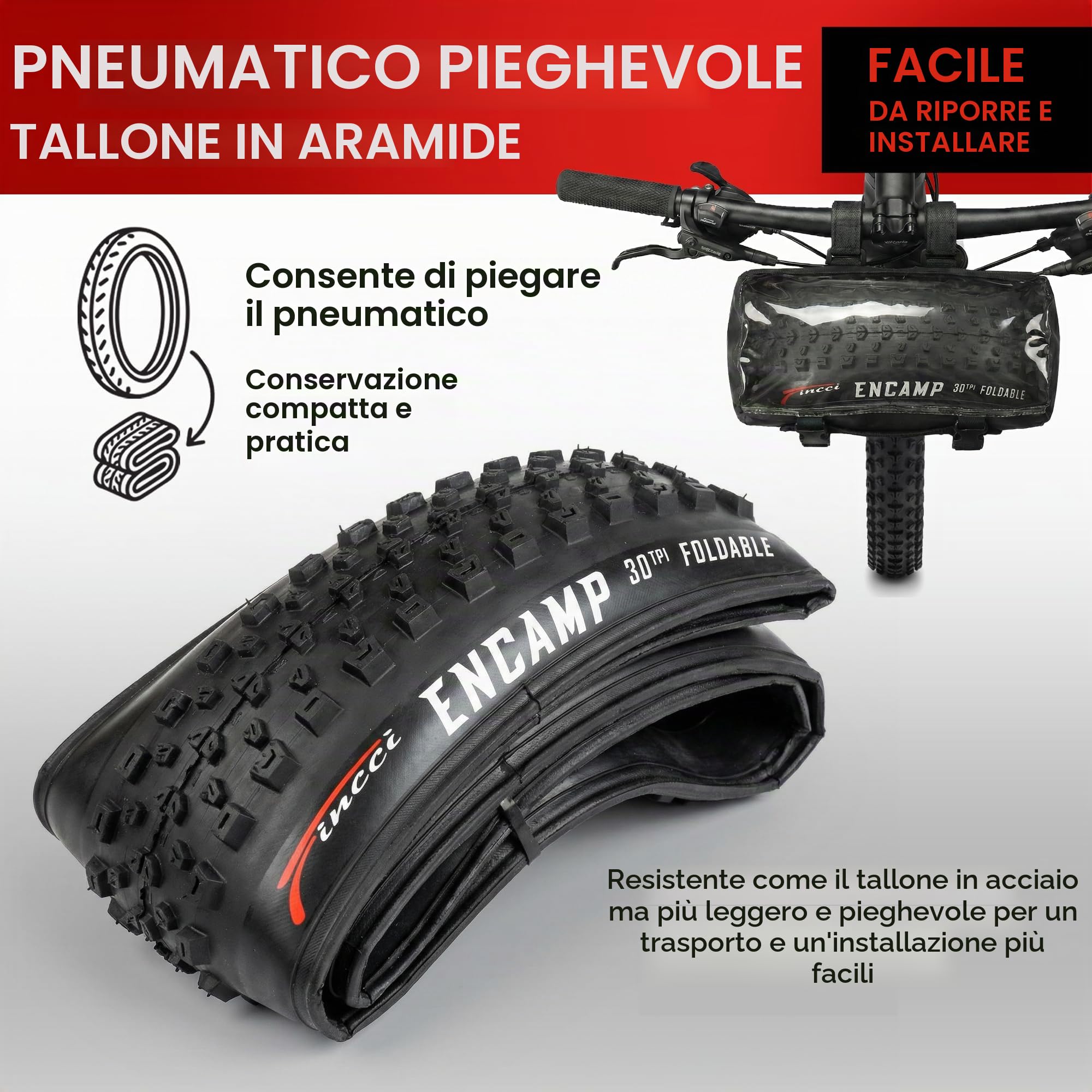 Fincci Copertone MTB 26x1.95 ETRTO 50-559 Pieghevole MTB per Fuoristrada | Pneumatico MTB Pieghevole 26x1.95, ETRTO 50-559 - Per Mountain Bike, Fuoristrada MTB, Bicicletta Ibrida e Uso Quotidiano
