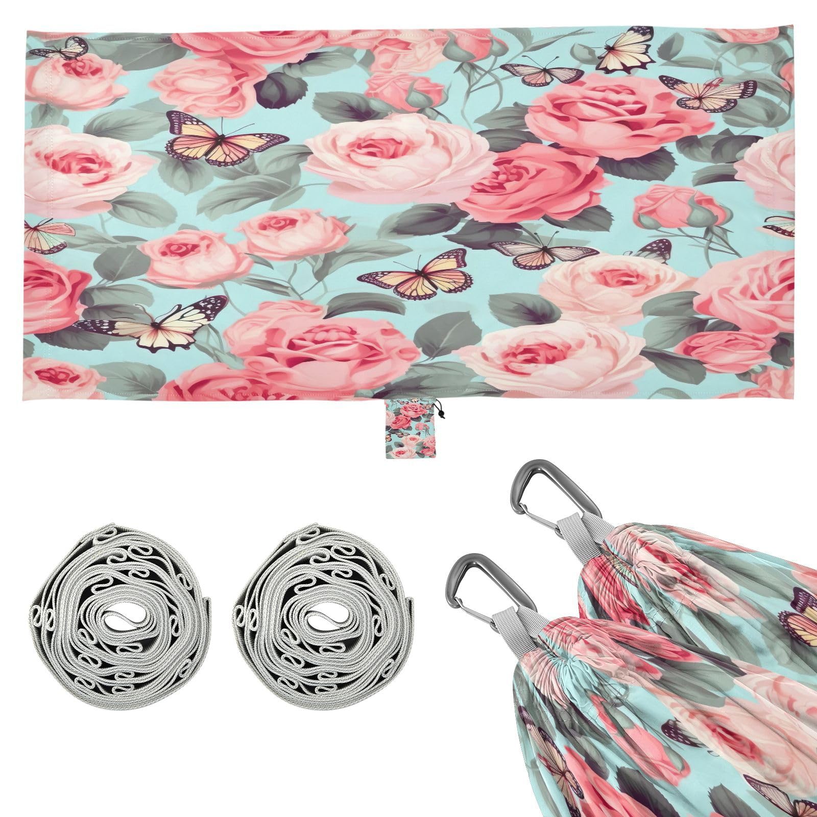 ATTX Pink Flowers Camping Hammock - Lightweight & Portable Hammocks, Heavy Duty 330lbs Capacity for Indoor, Hiking, Backpacking, Travel, Backyard, Beach#473