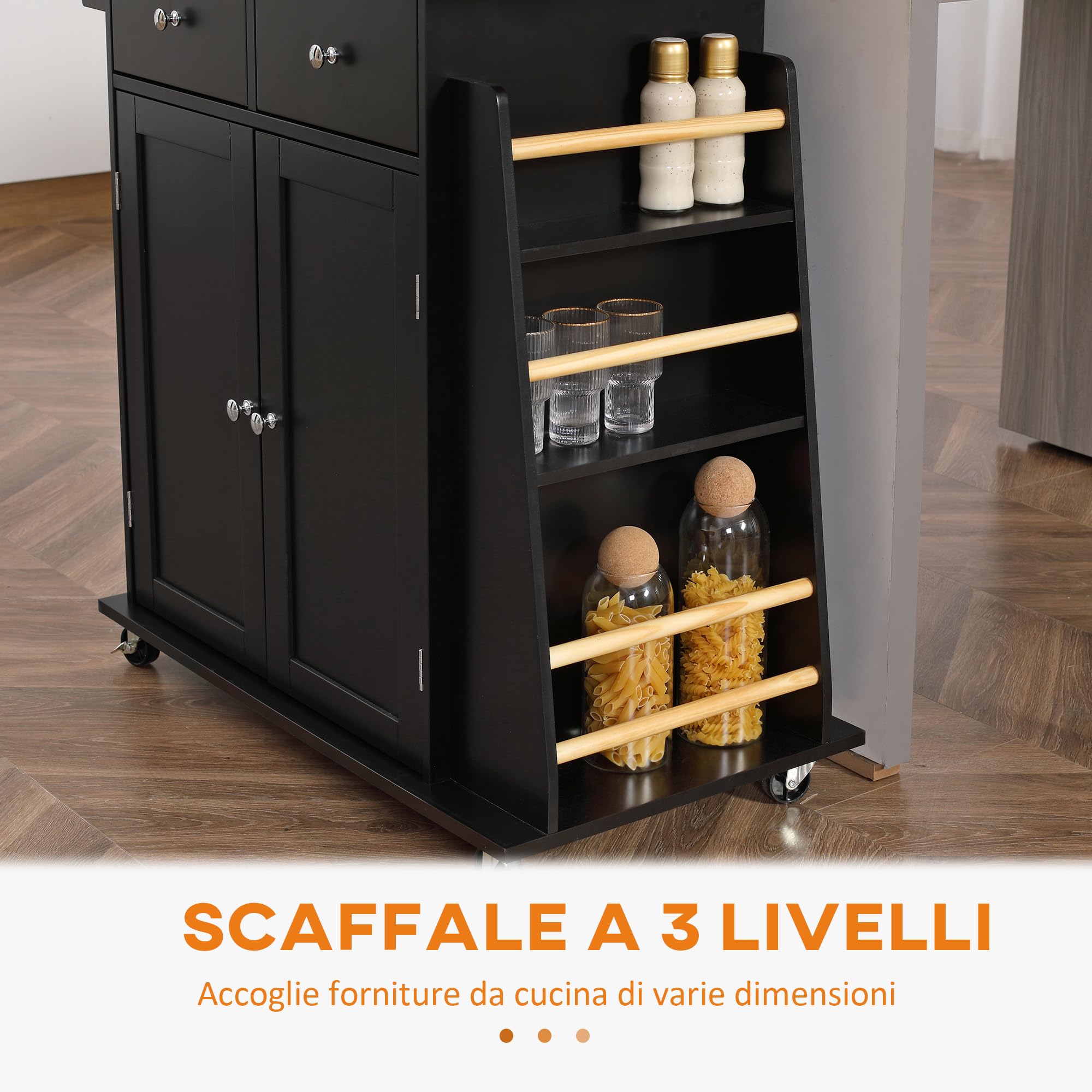 HOMCOM Carrello da Cucina con Armadietto, 2 Cassetti e Portaspezie a 3 Ripiani, Isola da Cucina Portavivande con Scaffale Regolabile, Porta Asciugamani e 4 Ruote con 2 Freni, 89x45x89.5 cm, Nero